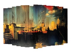 Soaring Sky High, abstraktes Kunstwerk auf Ahornholz, NYC, Wassertürme und blauer Himmel