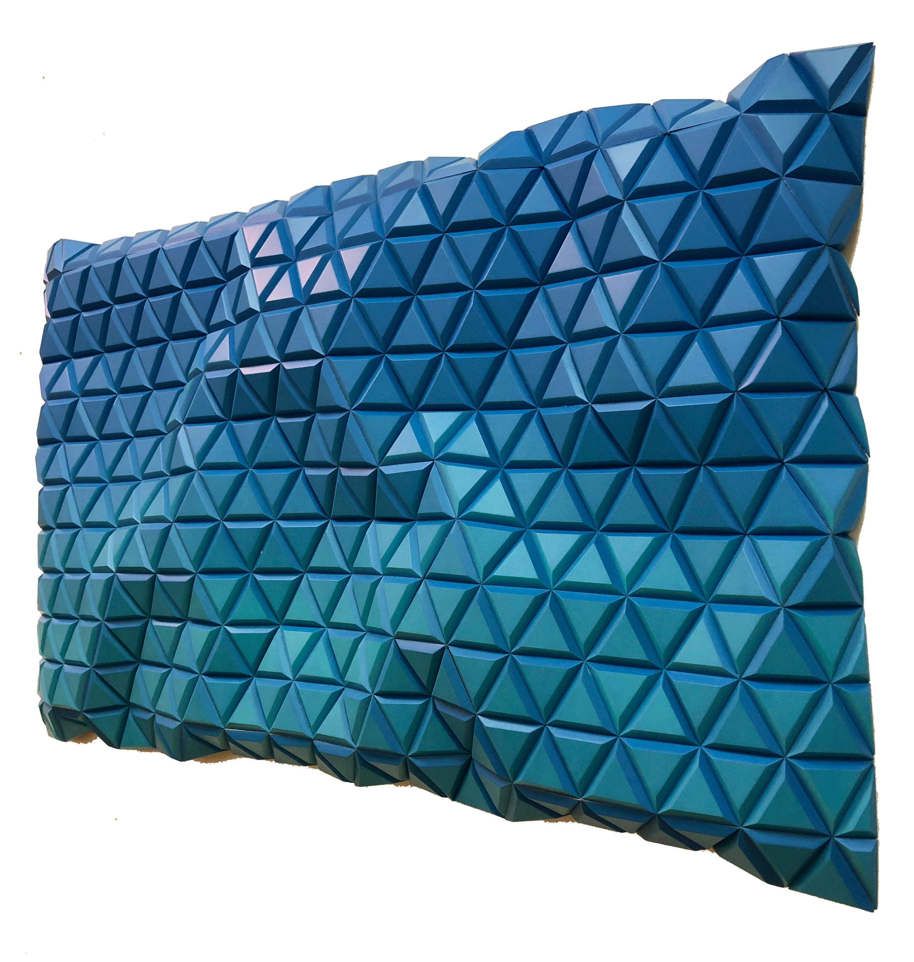 Morfo azul, Tonos azules abstractos, escultura geométrica de pared moderna tallada en madera