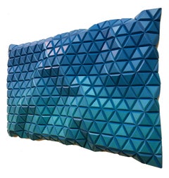 Blue Morpho, Abstract blue tones, geometric wooden carved modern wall sculpture