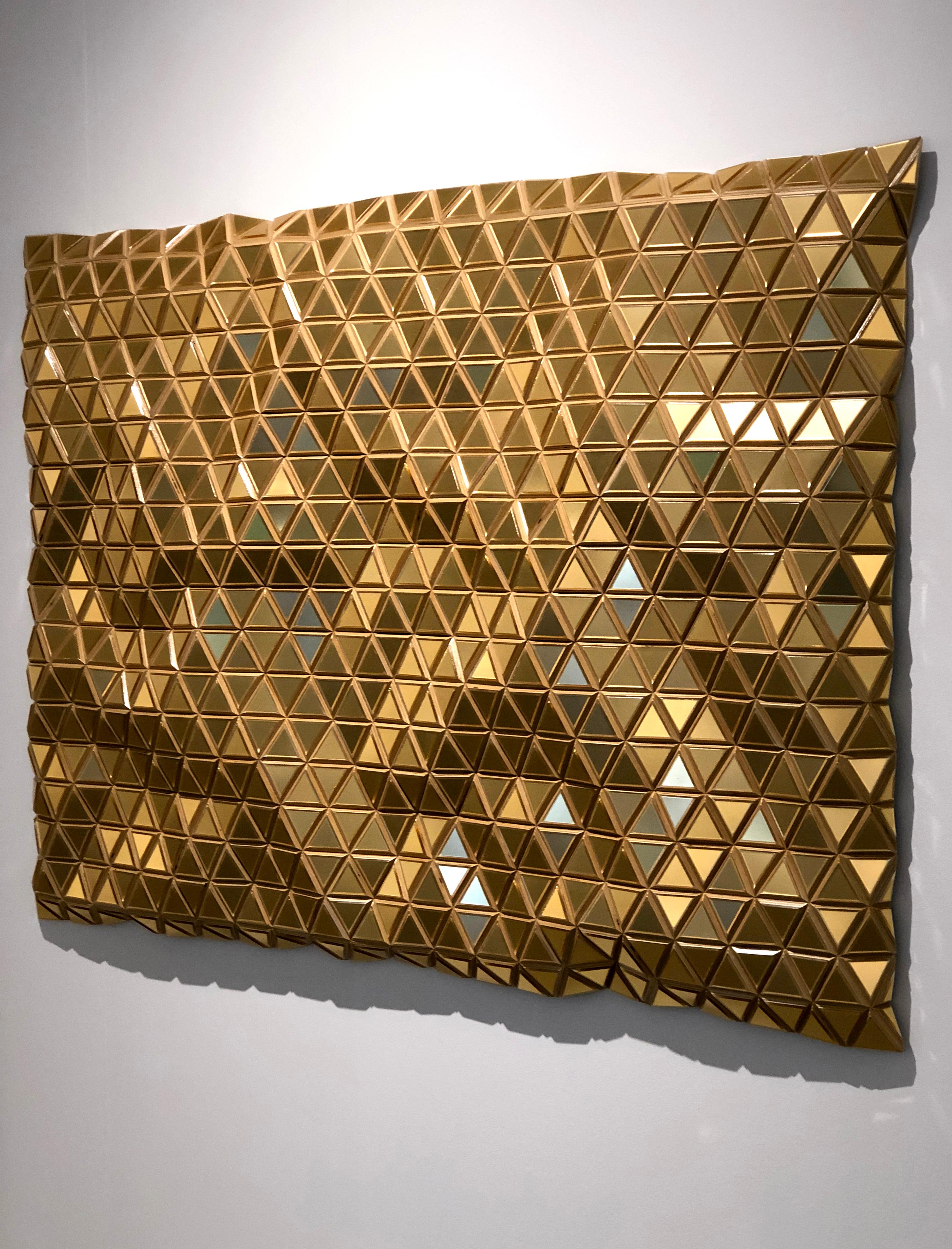 Golden Opportunity, Metallic wooden carved modern wall sculpture, geometric  - Contemporary Painting by Hugo Garcia-Urrutia