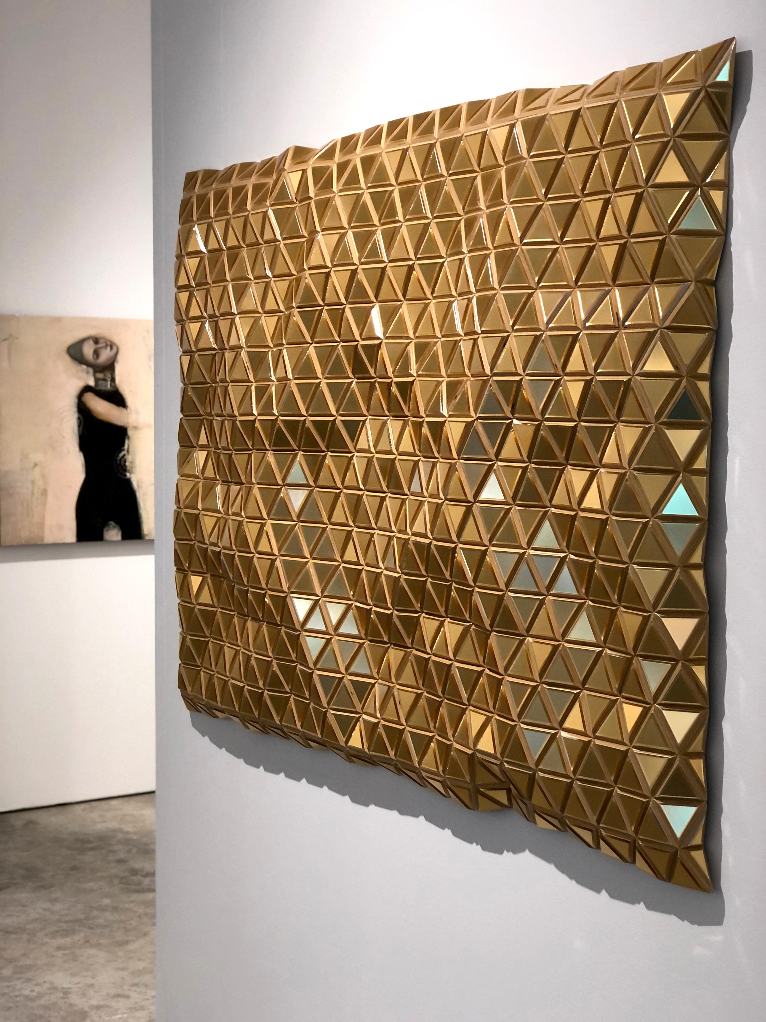 Golden Opportunity, Metallic wooden carved modern wall sculpture, geometric  - Brown Abstract Painting by Hugo Garcia-Urrutia