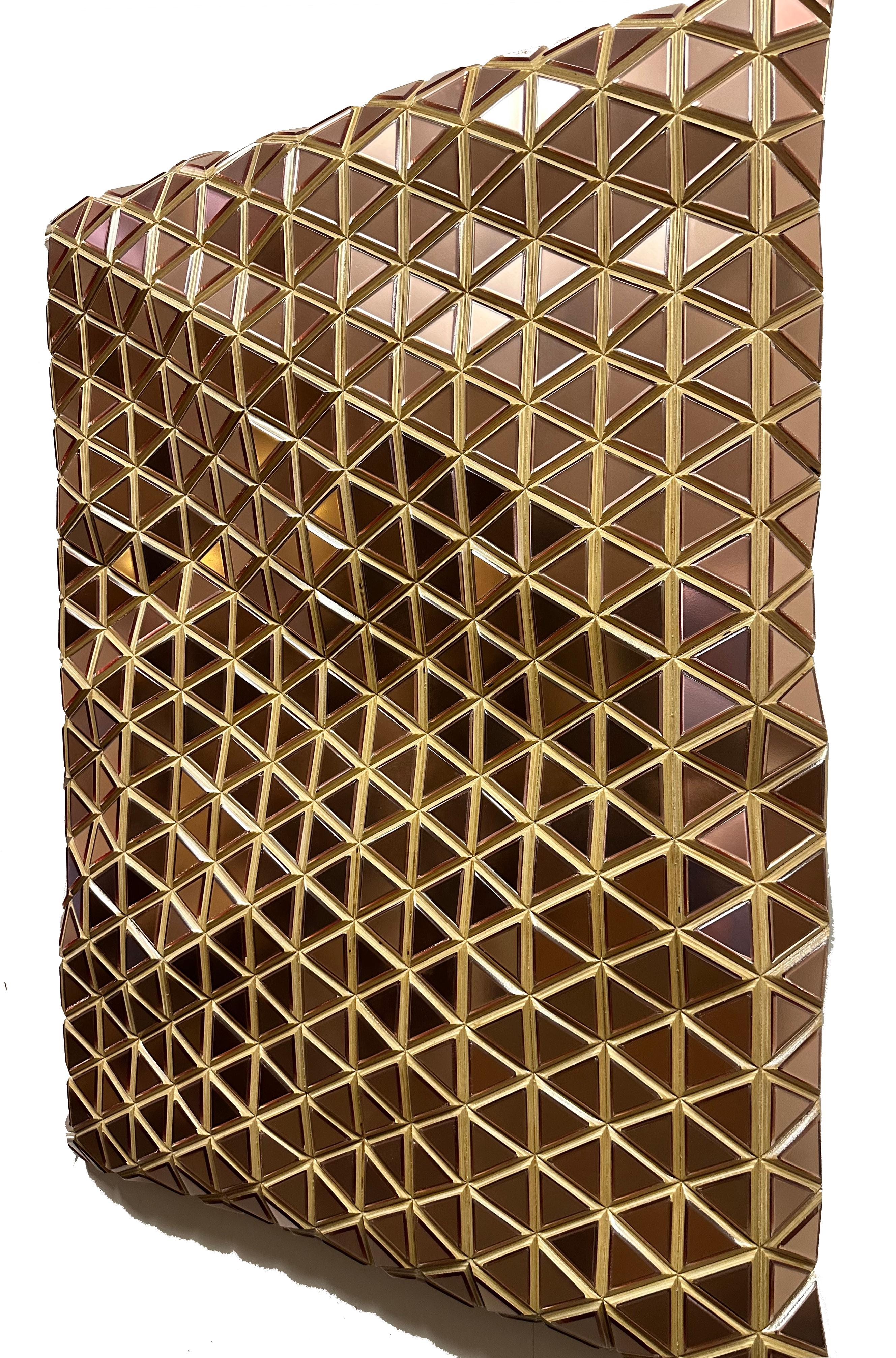 Rose Gold Shimmers, Metallic wooden carved modern wall sculpture, geometric  - Contemporary Sculpture by Hugo Garcia-Urrutia