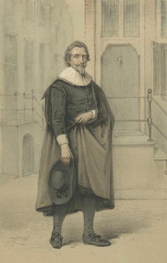 Hugo Grotius Standing in Street Scene – 19th-Century Hand-Colored Lithograph