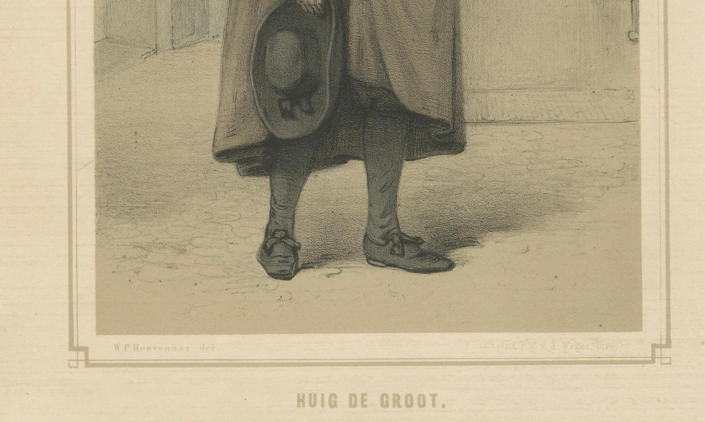 Hugo Grotius in Straßenszene stehend - Handkolorierte Lithographie aus dem 19. im Zustand „Gut“ im Angebot in Langweer, NL