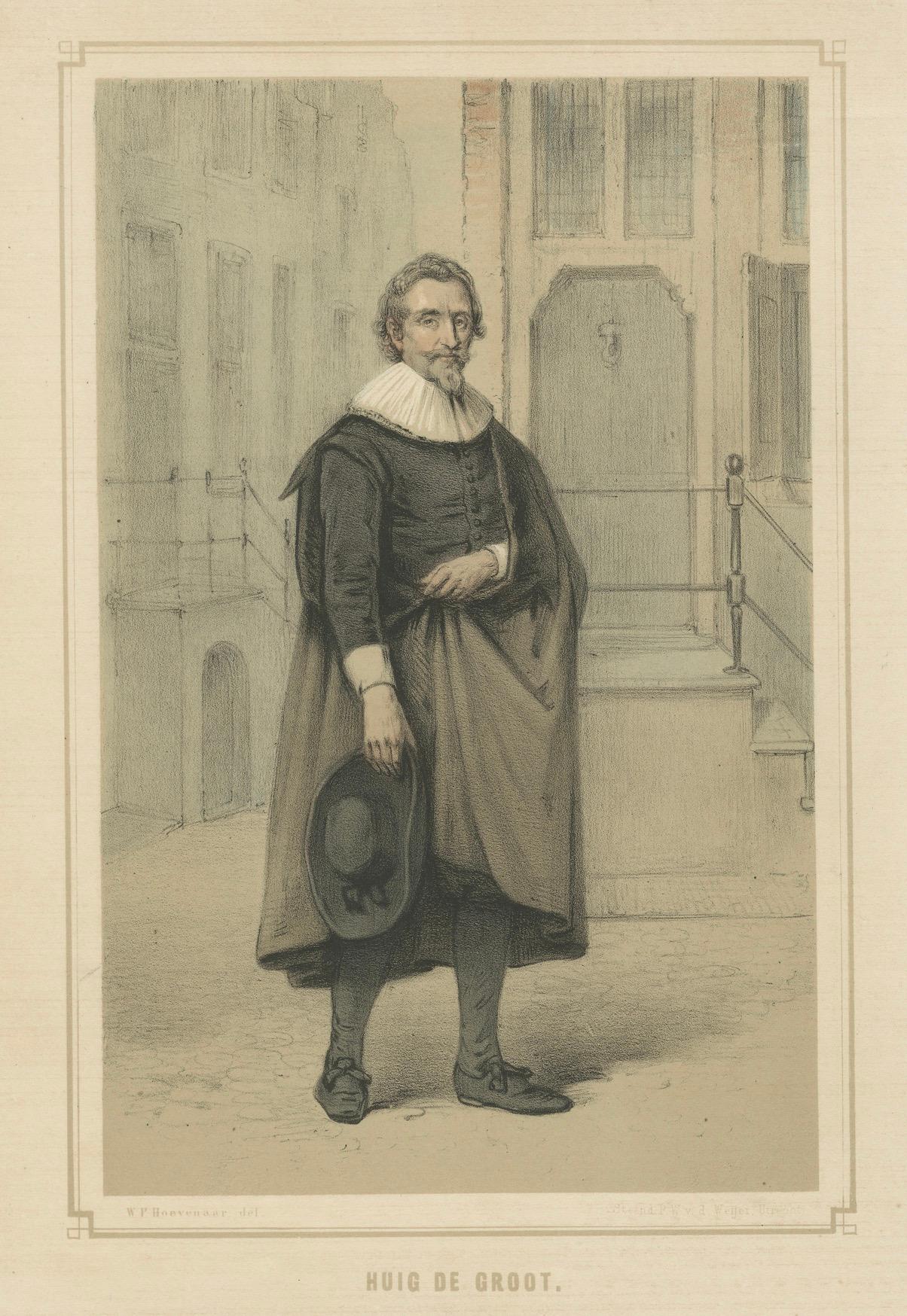 Hugo Grotius in Straßenszene stehend - Handkolorierte Lithographie aus dem 19. (Papier) im Angebot