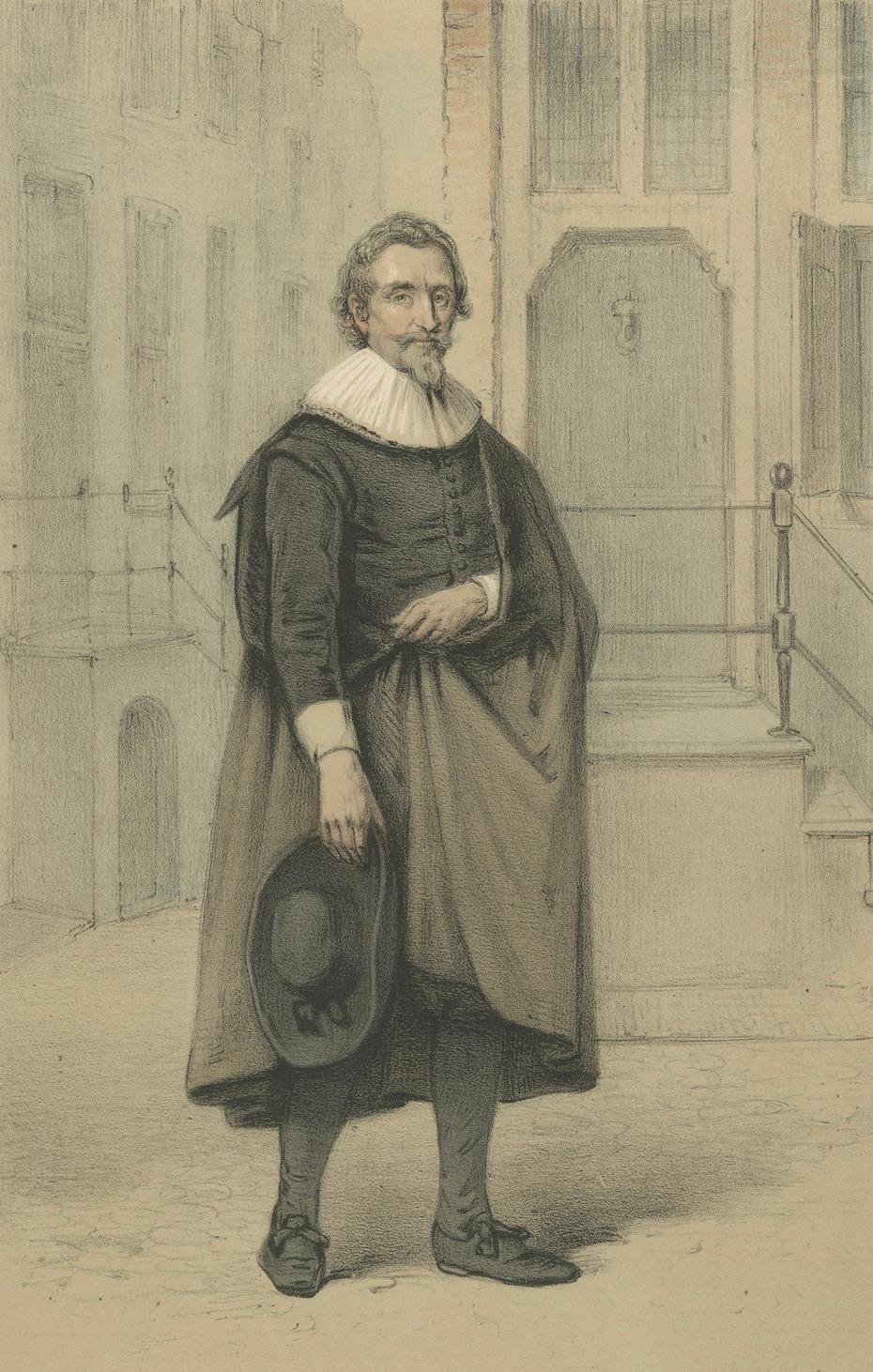 Hugo Grotius in Straßenszene stehend - Handkolorierte Lithographie aus dem 19. im Angebot 4