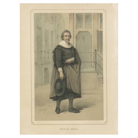 Hugo Grotius Standing in Street Scene – 19th-Century Hand-Colored Lithograph