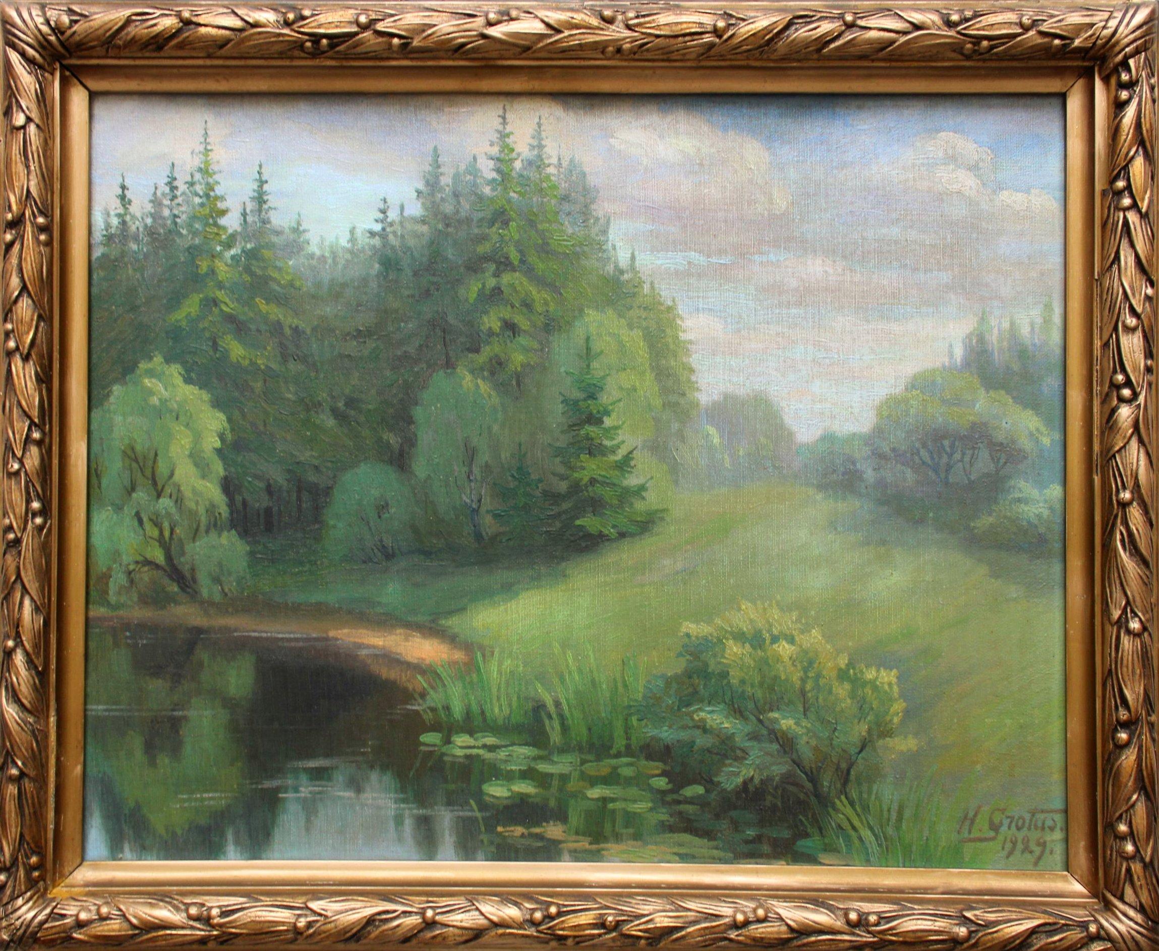 Landschaft, Leinwand/Karton/Öl, 39x50 cm, 1929 – Painting von Hugo Grotuss