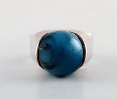 Hugo Grün, Danish Silversmith, Modernist Silver Ring with Malachite, 1950s