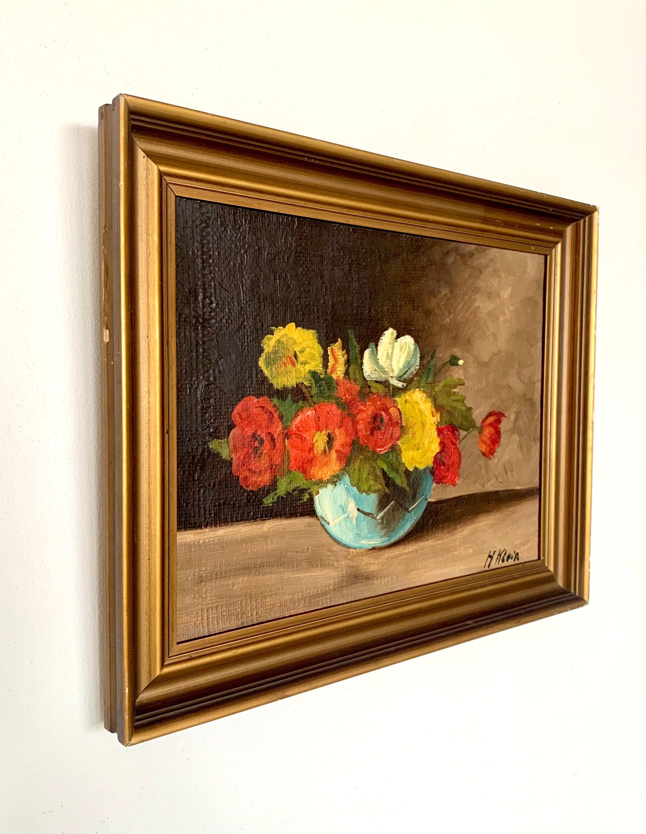 Hugo Klein (1873-1931) antiguo bodegón al óleo de flores en un jarrón azul Romántico en venta