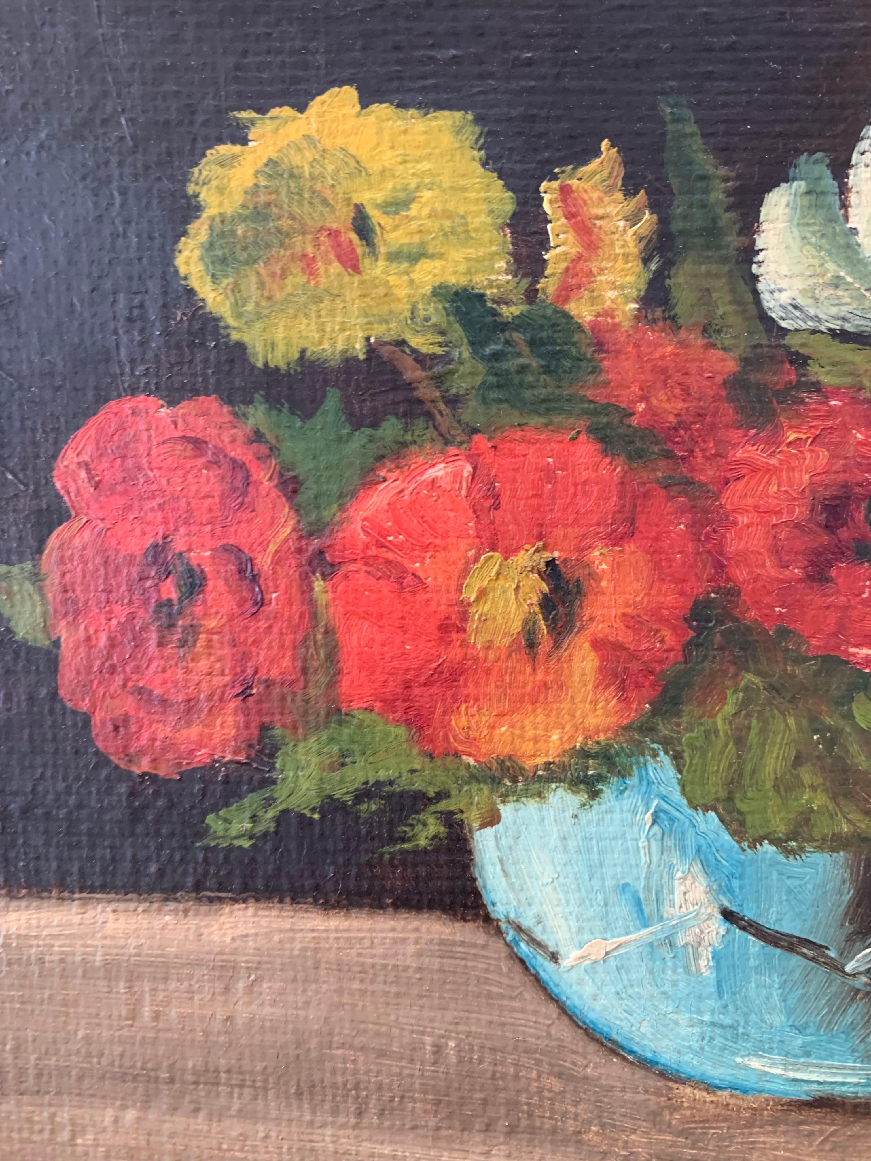 Hugo Klein (1873-1931) antiguo bodegón al óleo de flores en un jarrón azul Danés en venta
