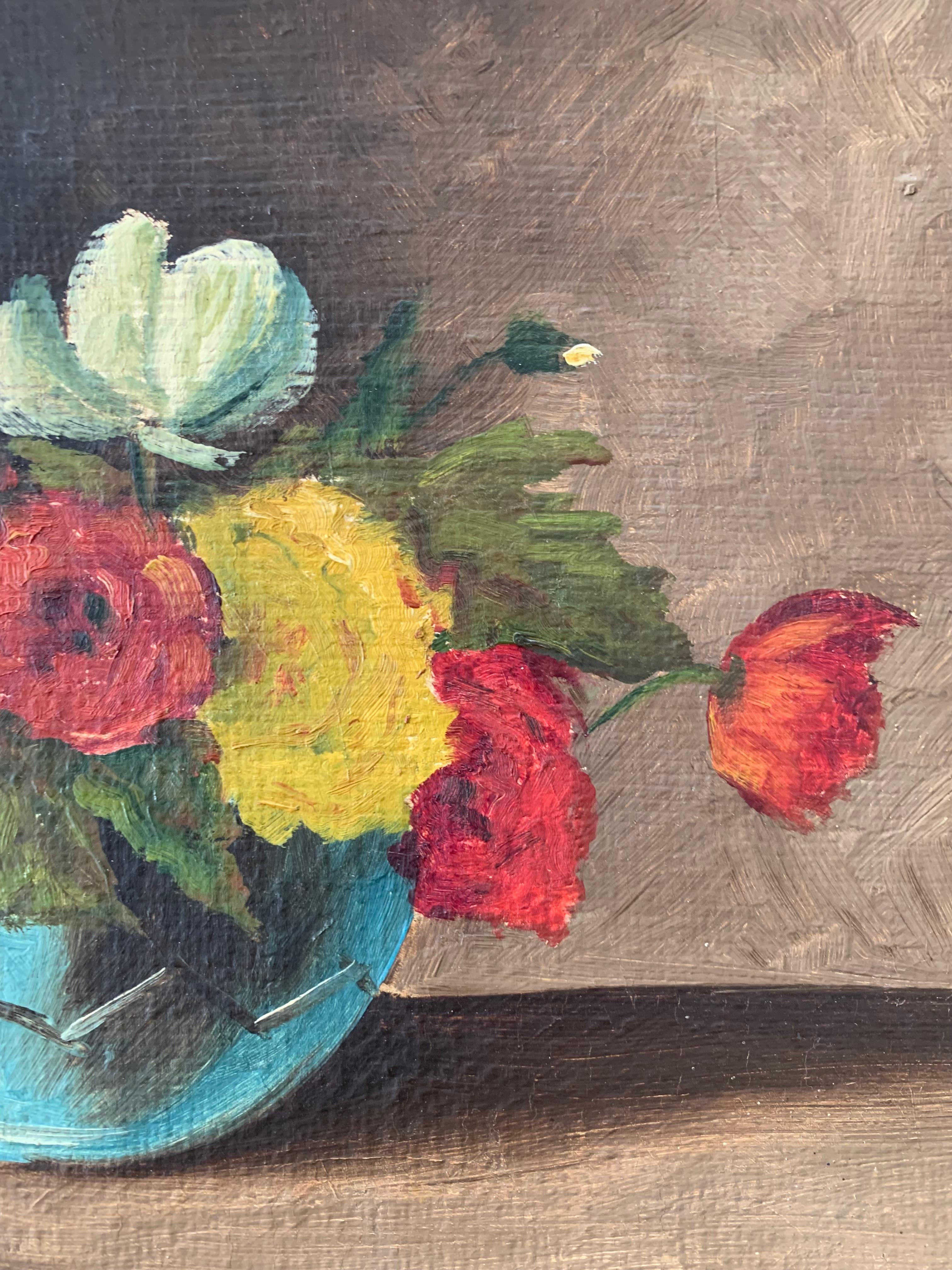 Hugo Klein (1873-1931) antiguo bodegón al óleo de flores en un jarrón azul Pintado en venta