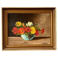 Hugo Klein (1873-1931) antiguo bodegón al óleo de flores en un jarrón azul