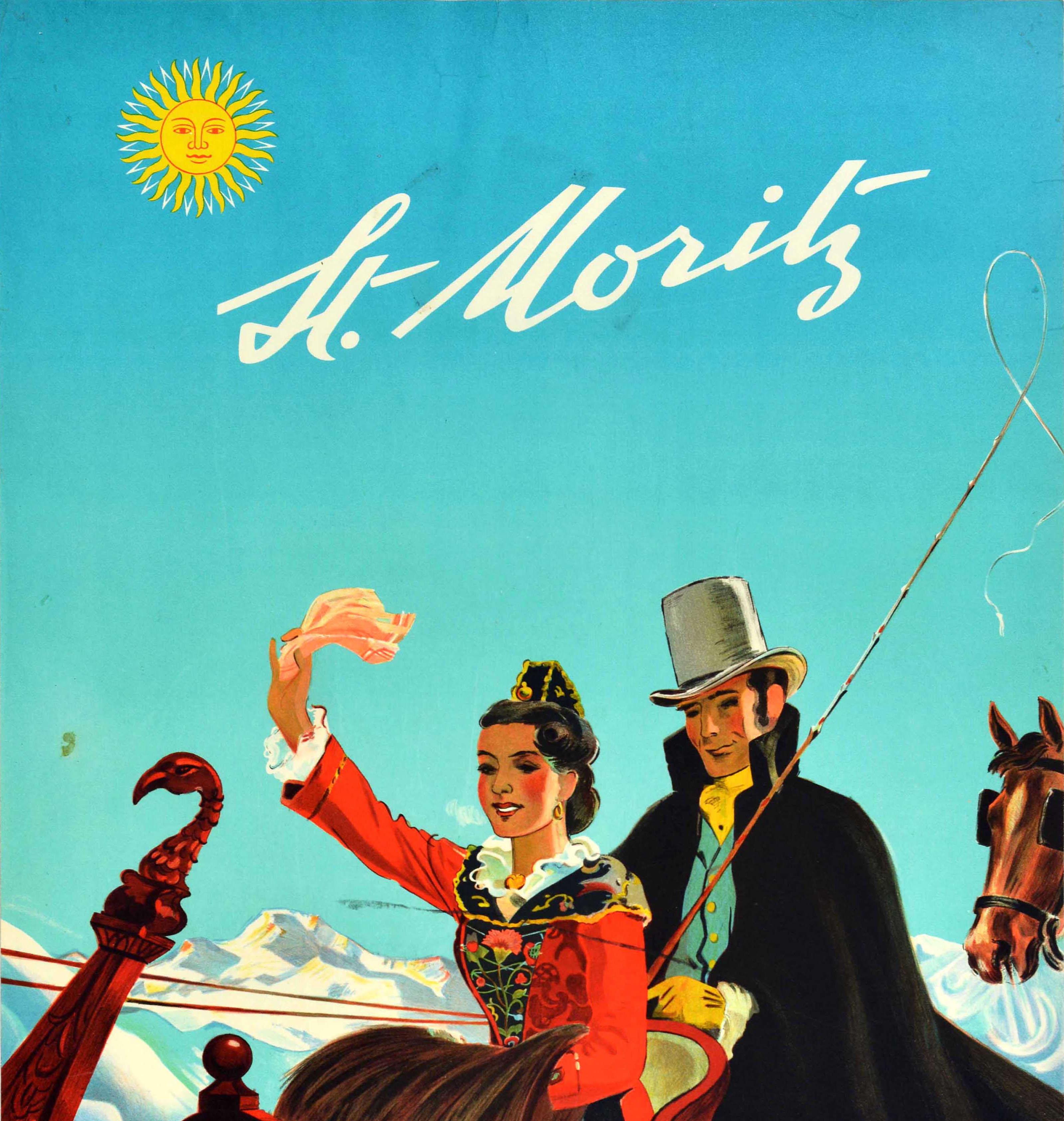 Original-Vintage-Reiseplakat, St. Moritz, Schweiz, Pferd, drapiert, Schlitten, Laubi (Blau), Print, von Hugo Laubi