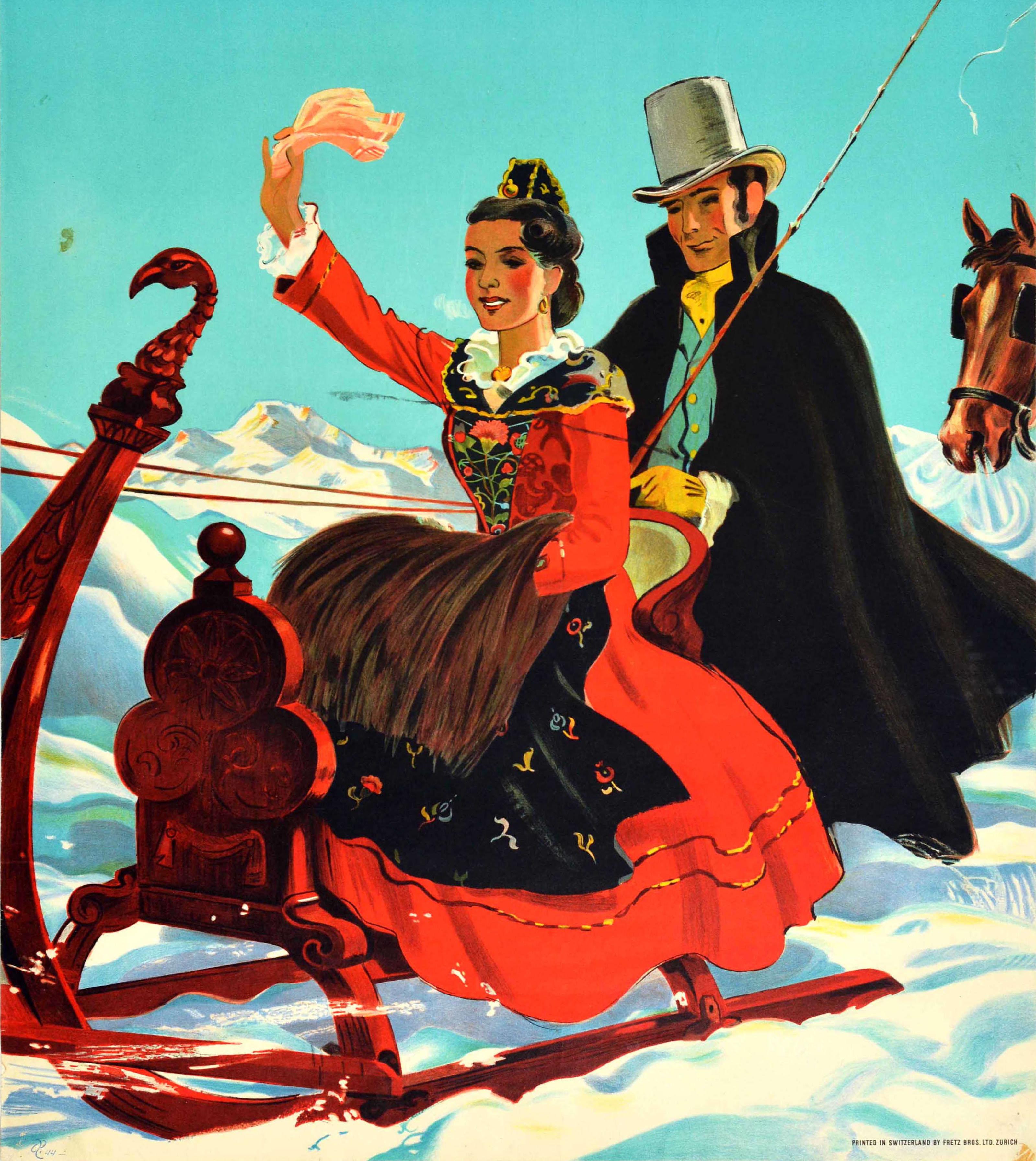 Original Vintage-Reiseplakat für St. Moritz mit einem großartigen Design von Hugo Laubi (1888-1959), das eine lächelnde Dame in einem traditionellen roten Kleid zeigt, die mit einem Taschentuch winkt, während sie auf einem geschnitzten hölzernen