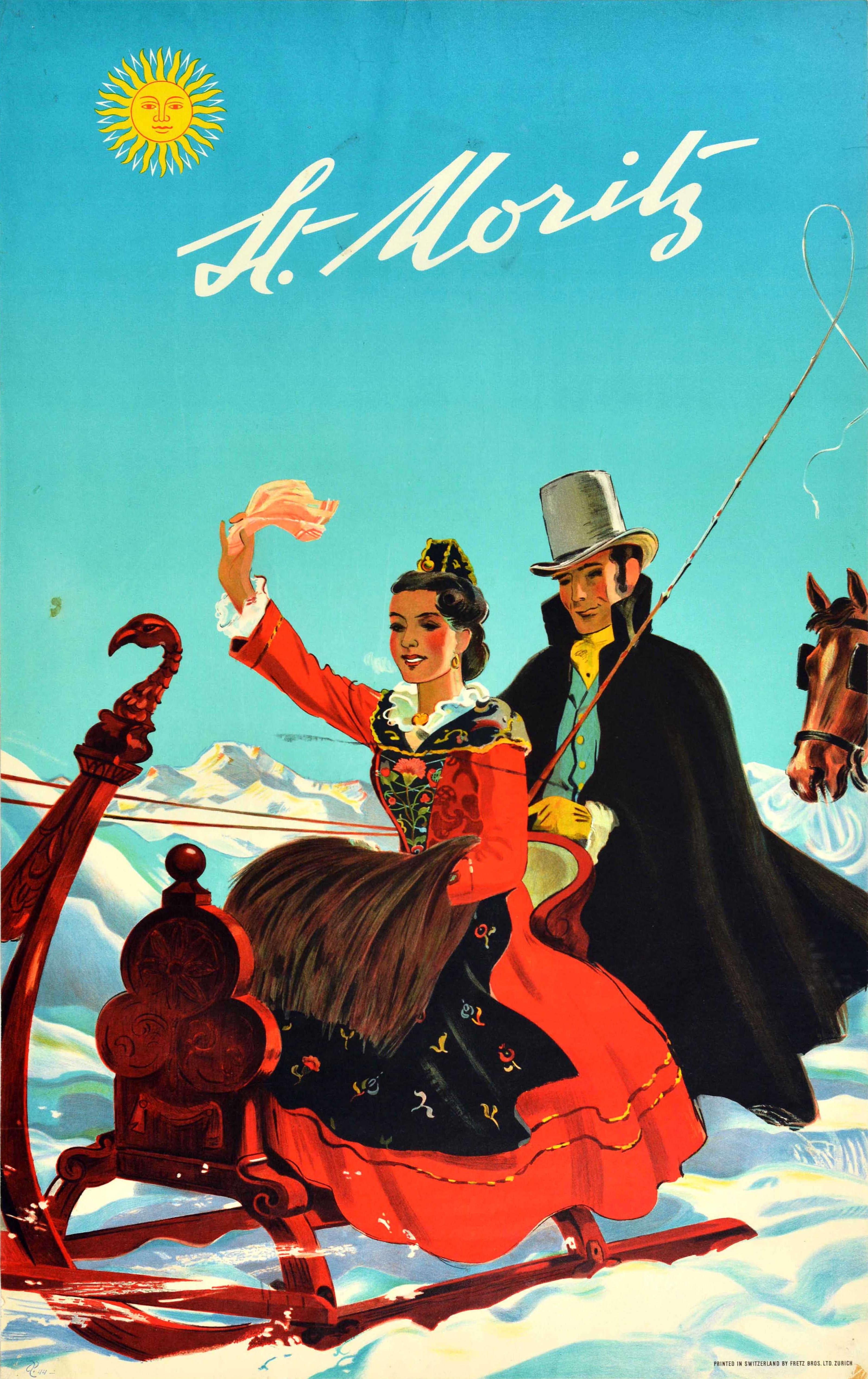 Hugo Laubi Print – Original-Vintage-Reiseplakat, St. Moritz, Schweiz, Pferd, drapiert, Schlitten, Laubi