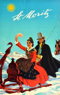 Original Vintage Travel Poster St Moritz Switzerland Horse Drawn Sleigh Laubi