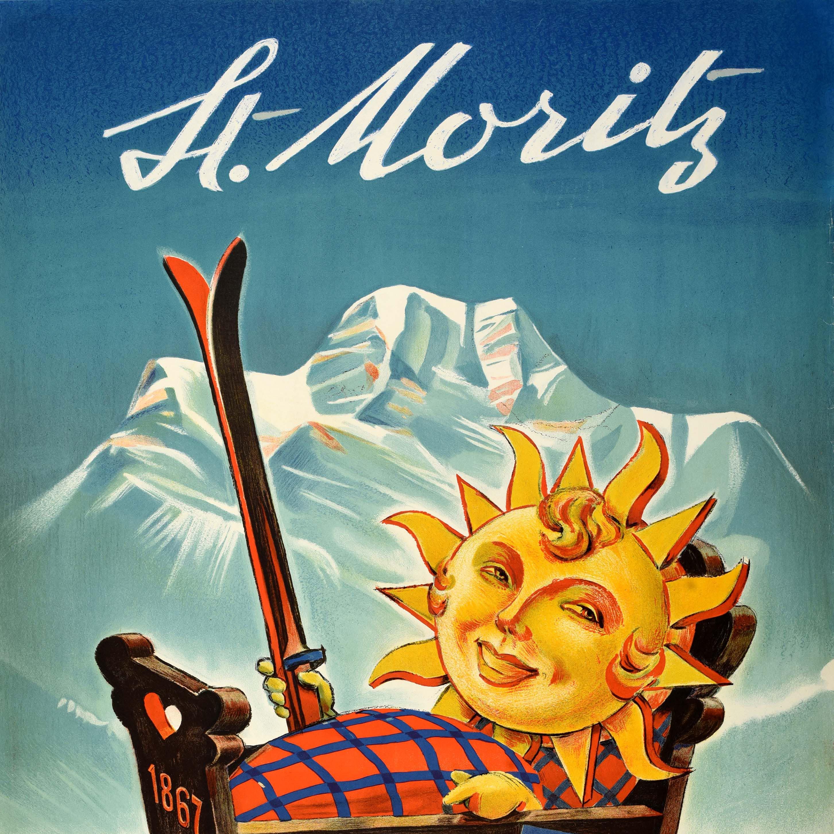 Original vintage winter sport ski travel poster for St Moritz featuring a great design by Hugo Laubi (1888-1959) depicting the St Moritz smiling sun logo as a baby with curly hair lying in a wooden cradle and holding a pair of skis with the snowy