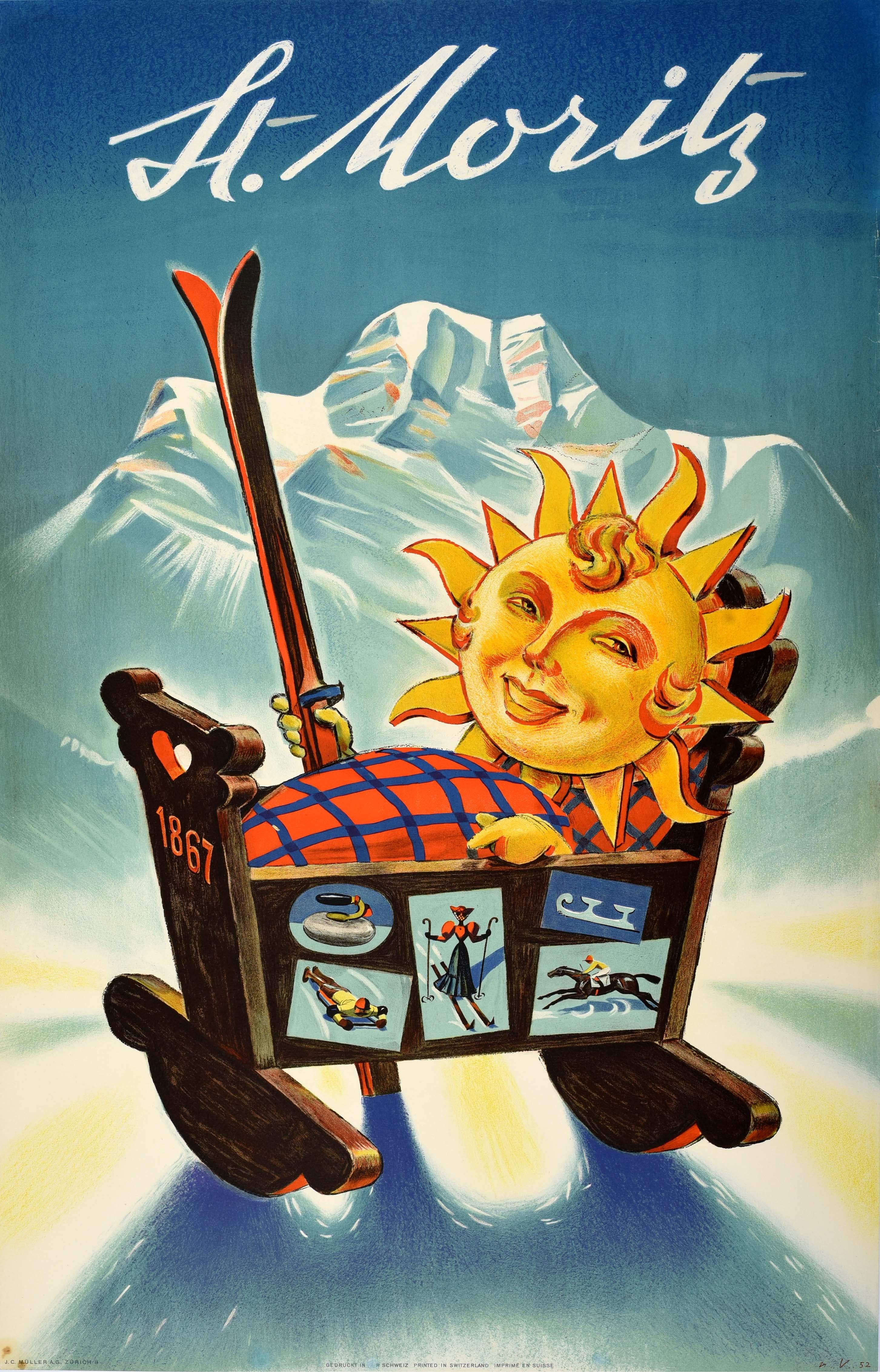 Hugo Laubi Print – Original-Vintage-Wintersport-Ski-Reiseplakat, St Moritz, Sonnenschöpfkelle, Schweiz