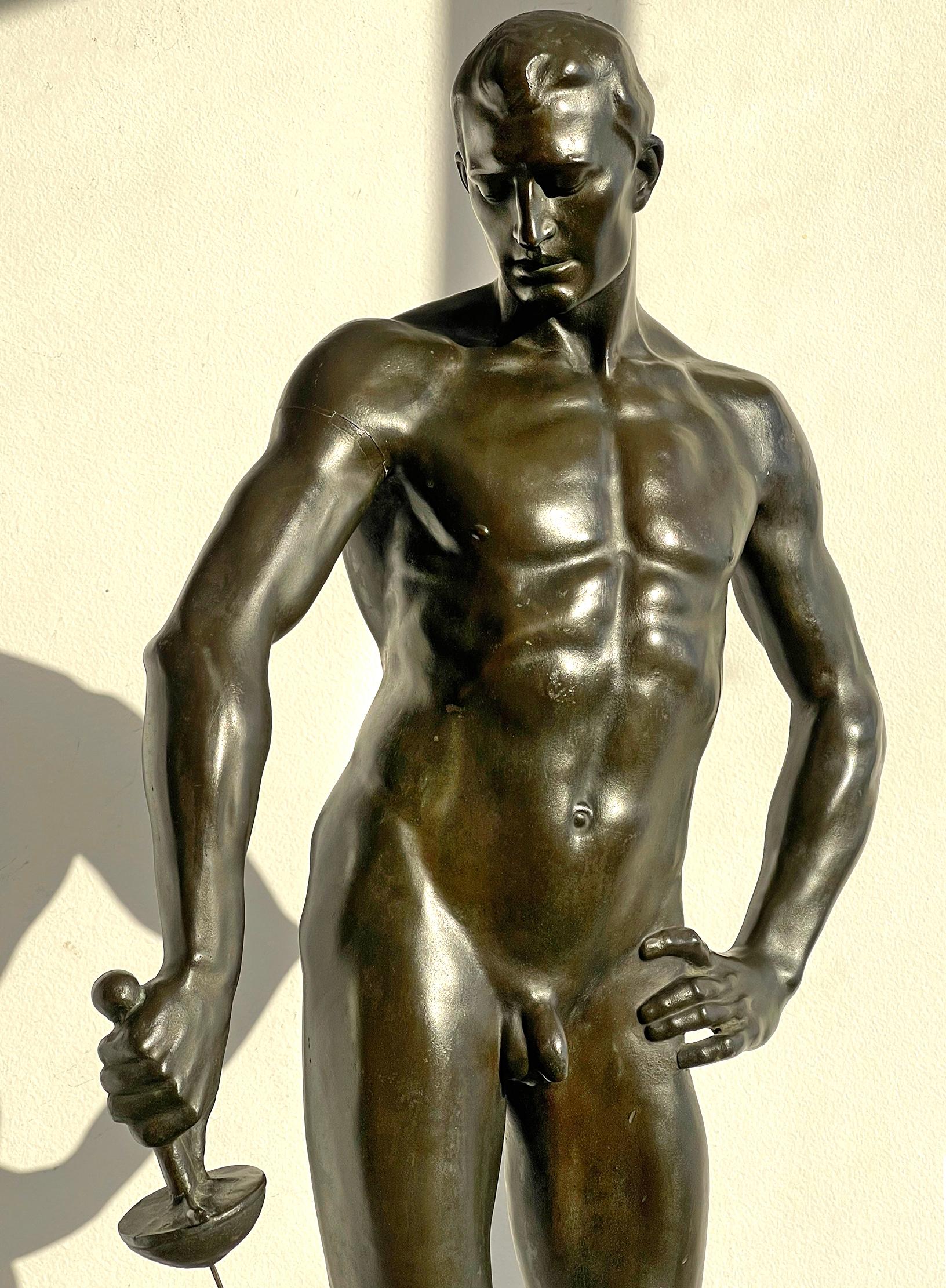 Athletic Male Nude Bronze  - "The Fencer"  after Hugo Lederer  - Bronze Statue