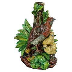 Hugo Lonitz Majolica Partridge and Chicks Candelabra Base