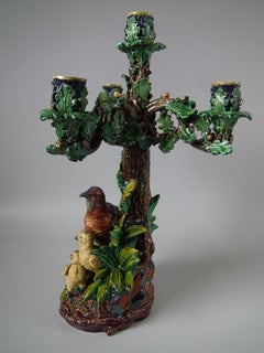 Hugo Lonitz Majolica Partridge and Chicks Candelabra