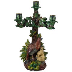 Hugo Lonitz Majolica Partridge and Chicks Candelabra