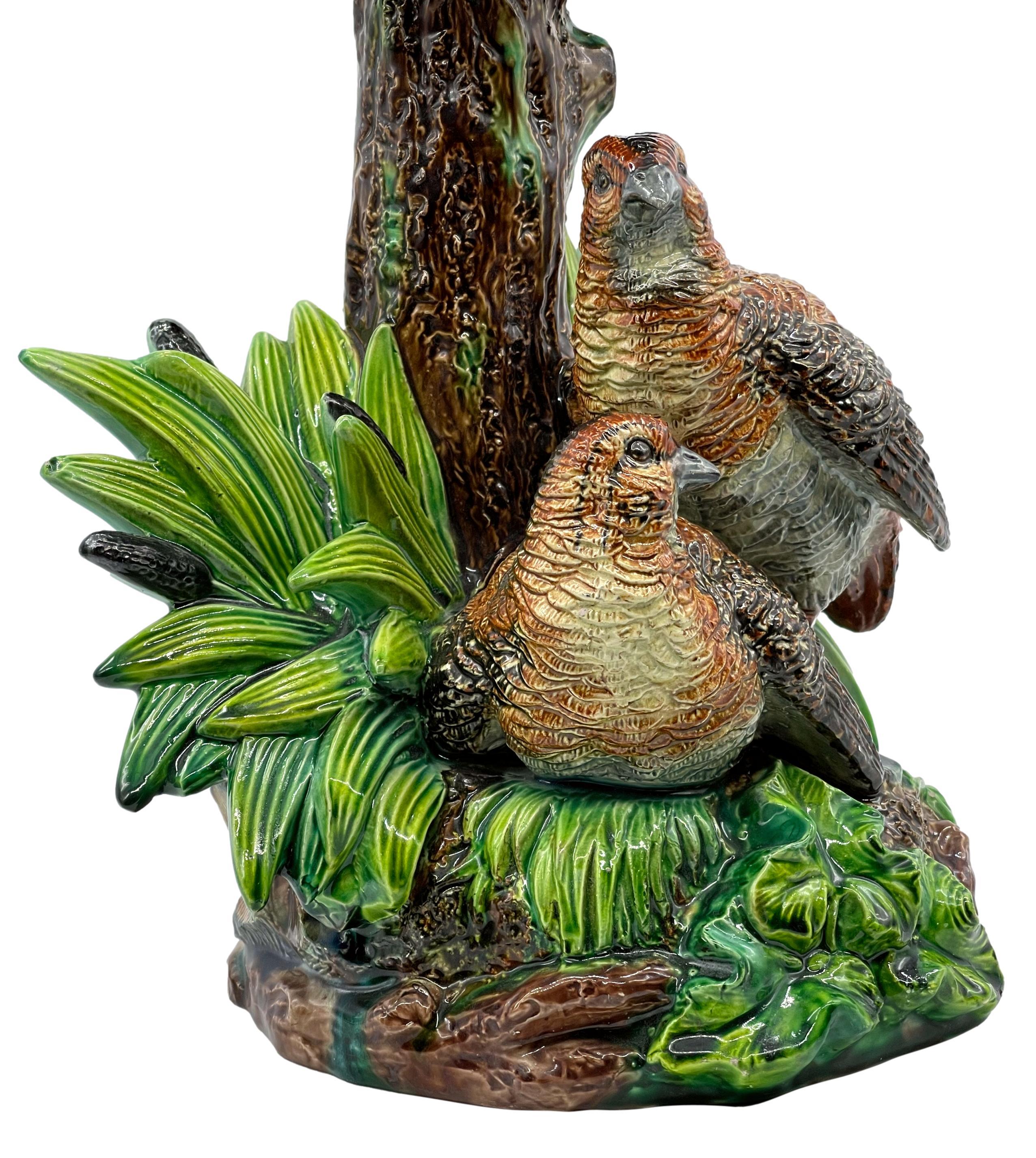 Hugo Lonitz Majolica Table Jardinière Stand with Partridges, Oak Tree, ca. 1880 For Sale 3