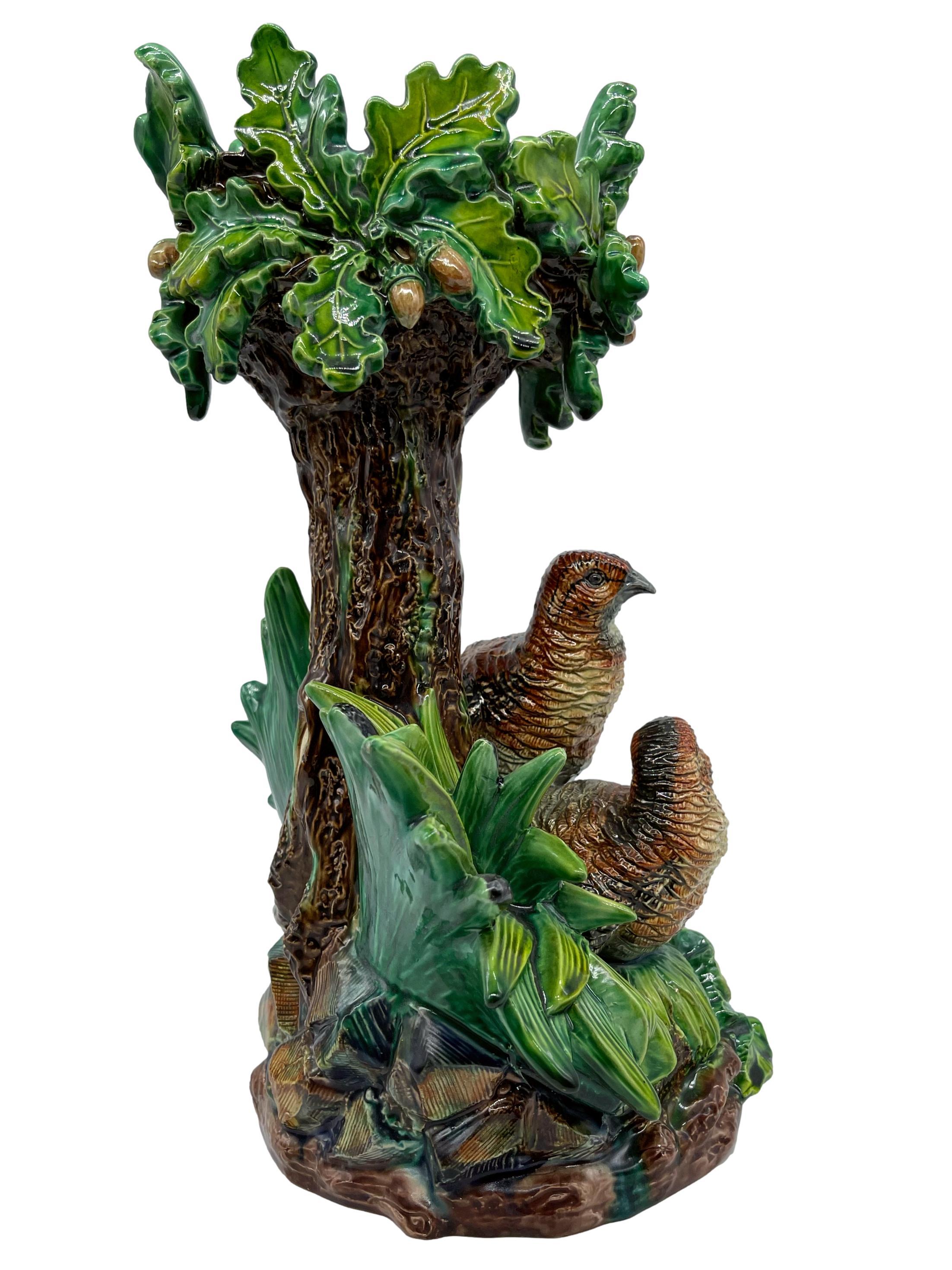 Molded Hugo Lonitz Majolica Table Jardinière Stand with Partridges, Oak Tree, ca. 1880 For Sale