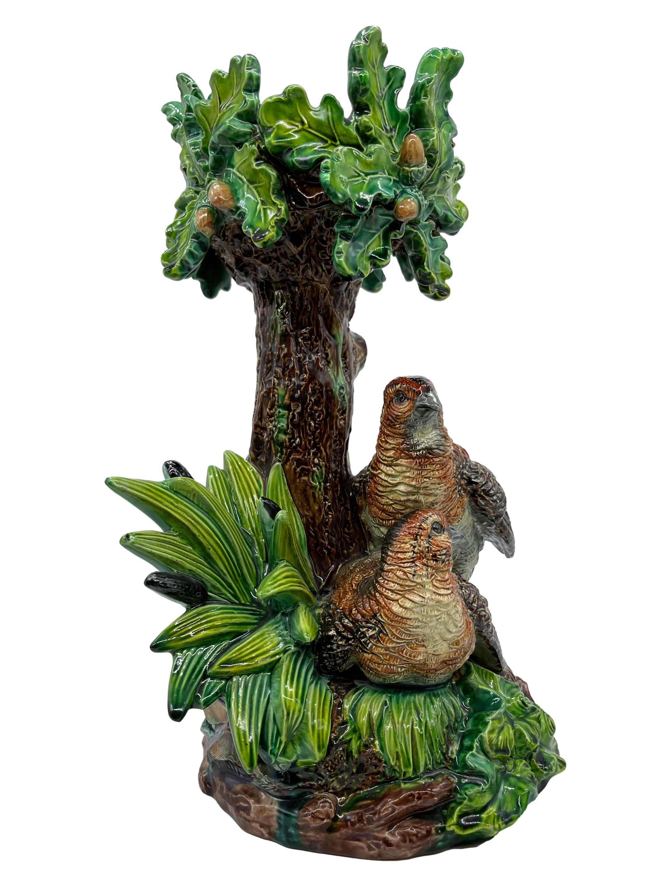 Hugo Lonitz Majolica Table Jardinière Stand with Partridges, Oak Tree, ca. 1880 In Good Condition For Sale In Banner Elk, NC
