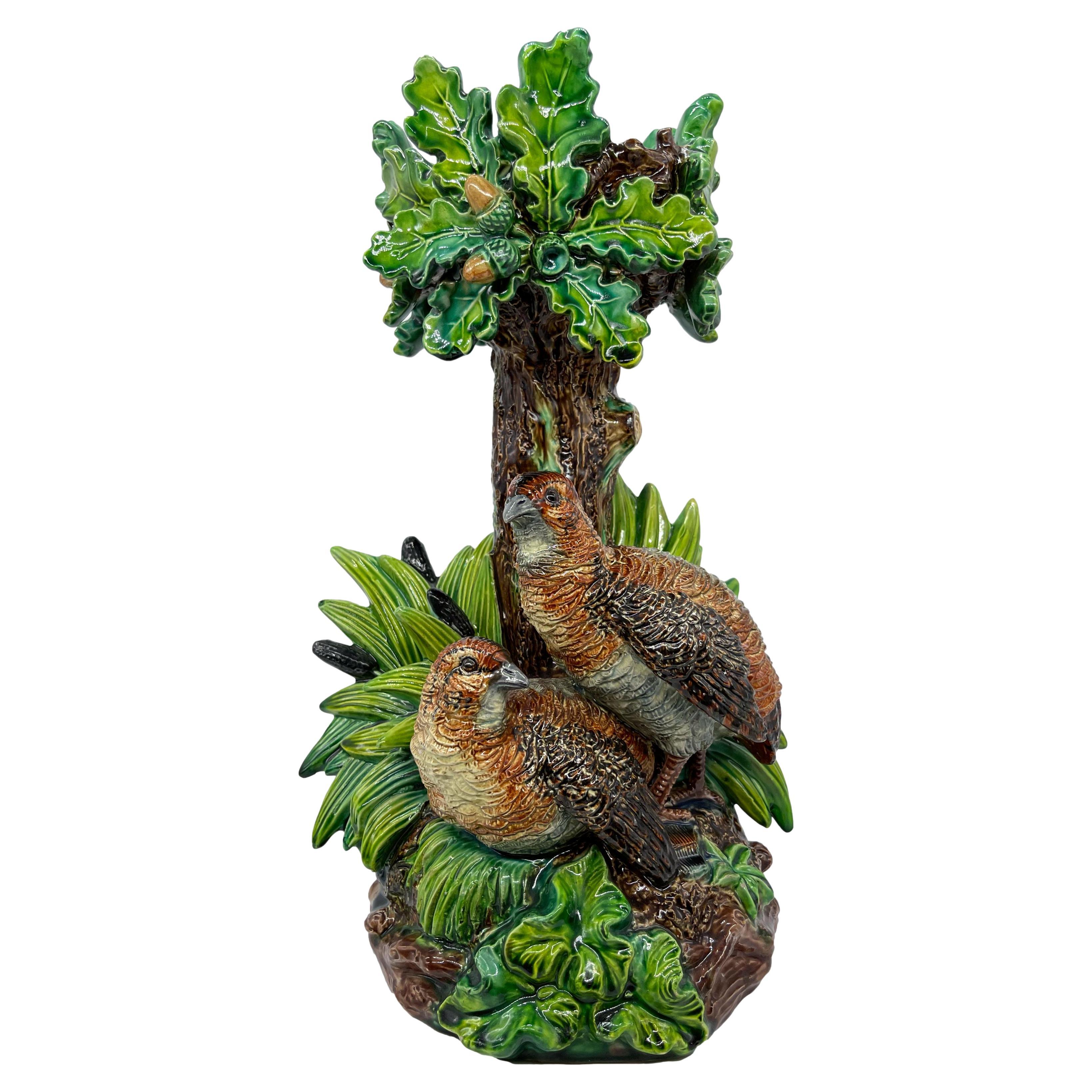 Hugo Lonitz Majolica Table Jardinière Stand with Partridges, Oak Tree, ca. 1880 For Sale