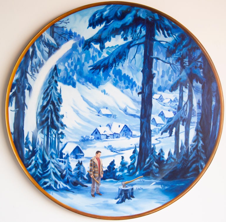 "Objeto para reconocer el pasado (souvenir)" is an early painting, from a very special series. One of the few pieces still available that appears as something else. This painting emulates a classical Snow Globe, it even has a “fake“ painted wooden