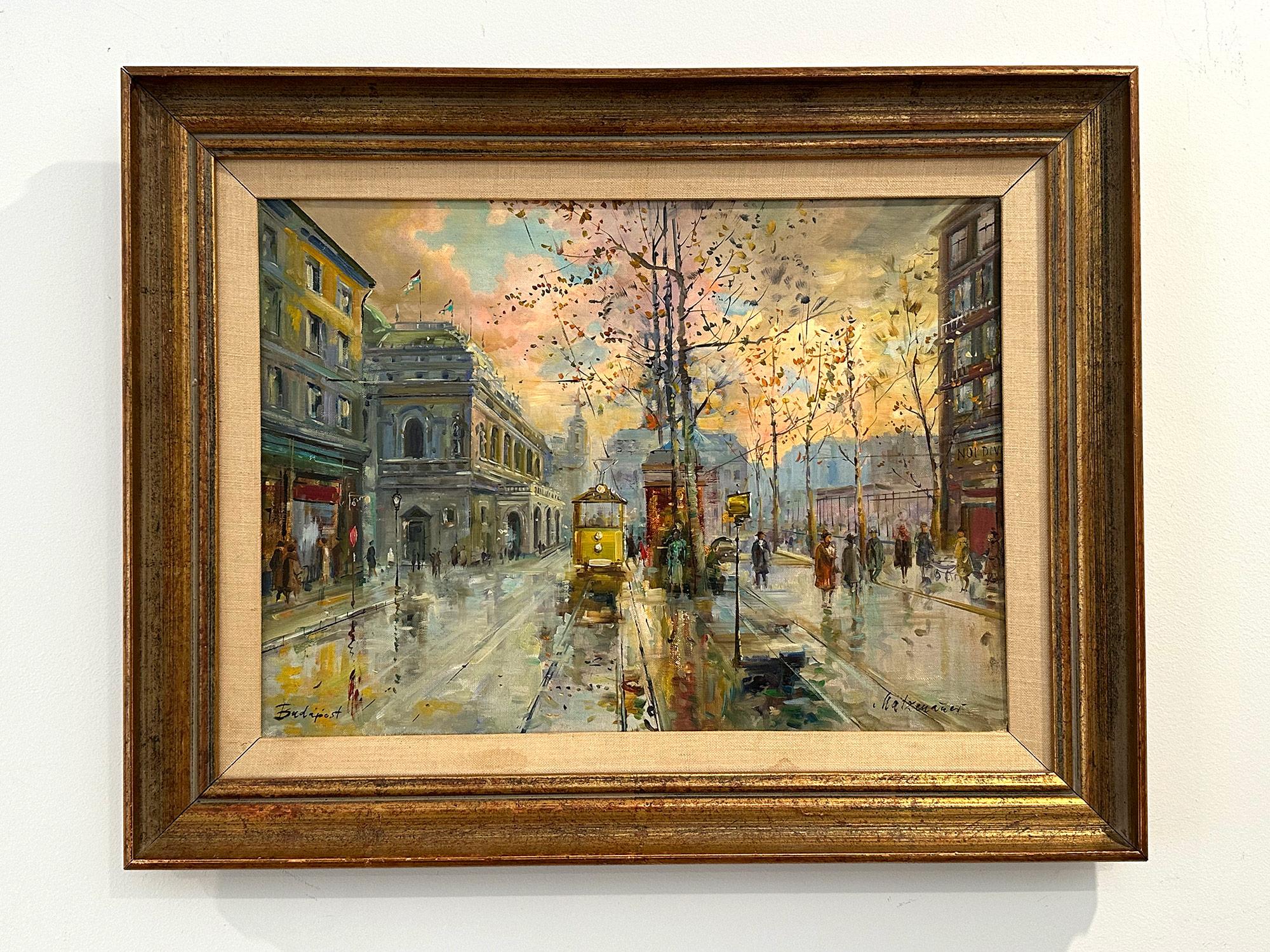 « Scène de rue de Budapest » 20e siècle Peinture à l'huile impressionniste hongroise sur toile en vente 10
