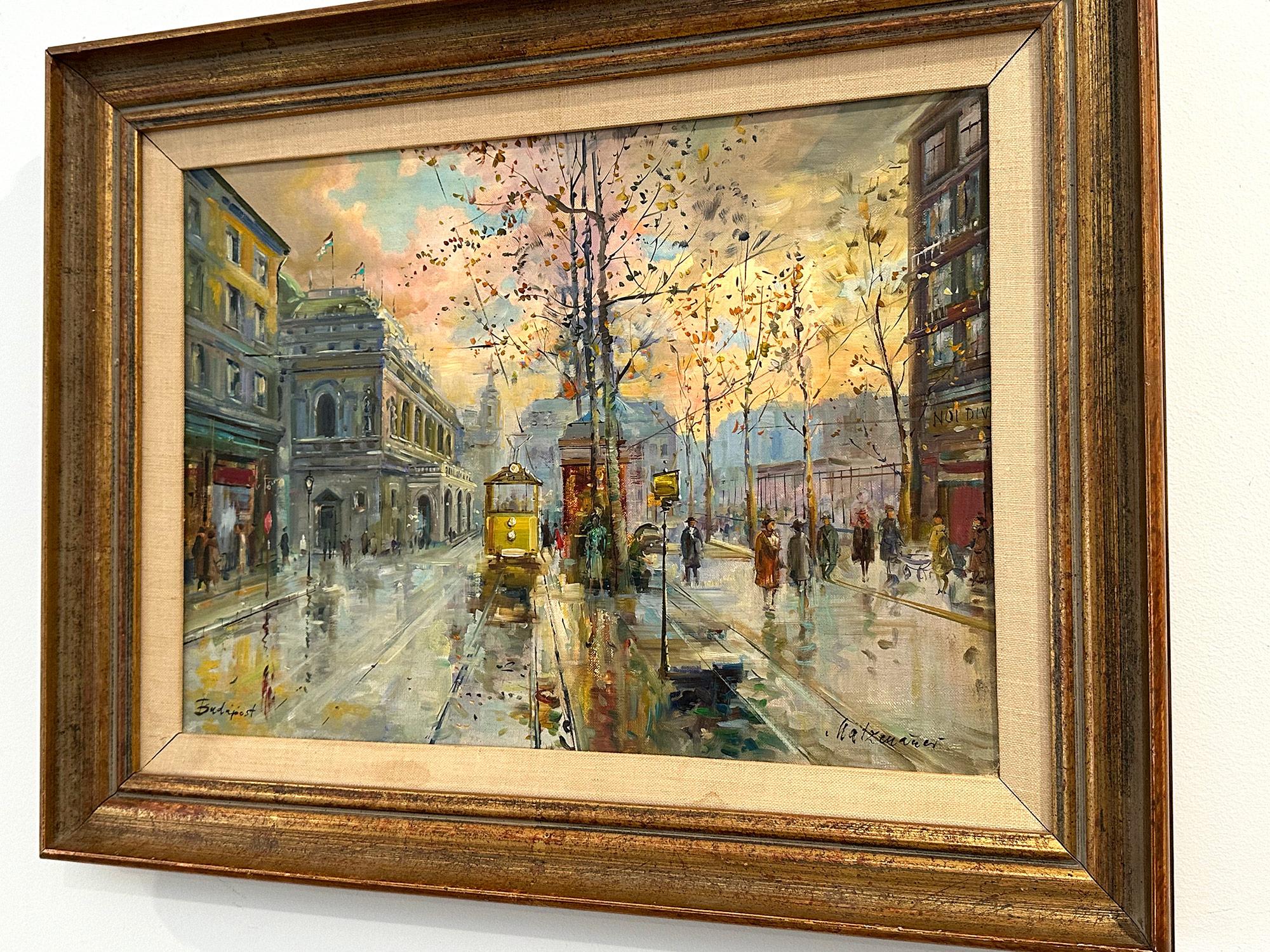 « Scène de rue de Budapest » 20e siècle Peinture à l'huile impressionniste hongroise sur toile en vente 11