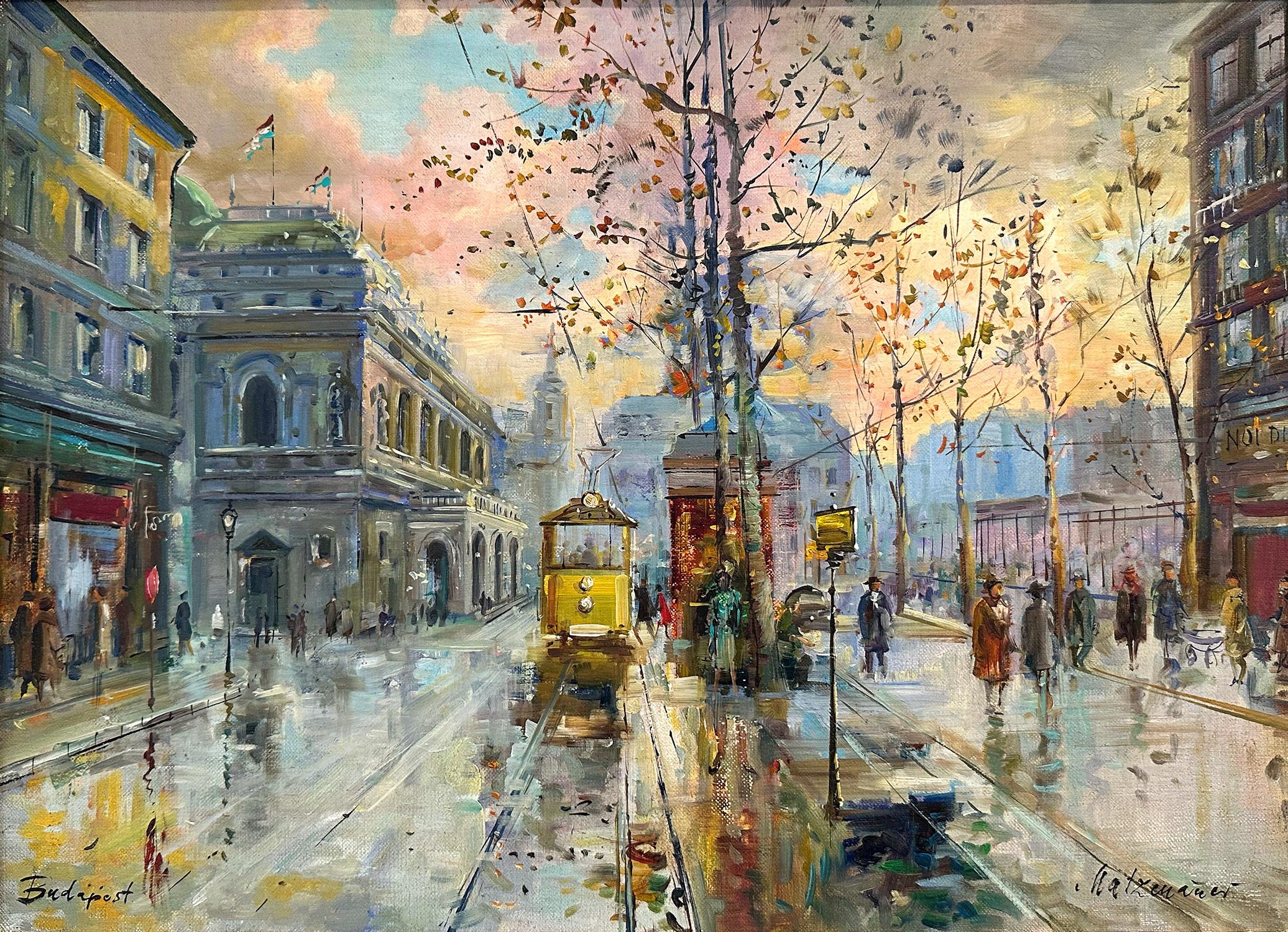 « Scène de rue de Budapest » 20e siècle Peinture à l'huile impressionniste hongroise sur toile - Painting de Hugo Matzenauer