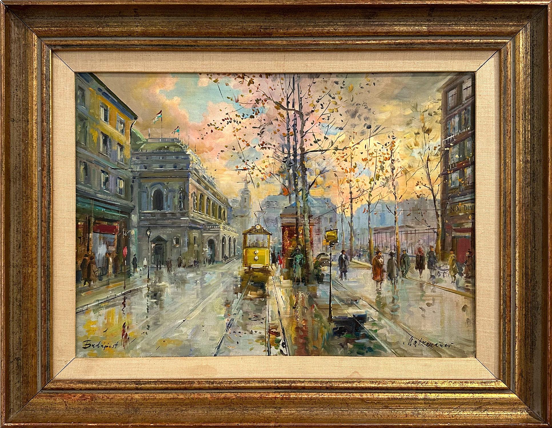 Landscape Painting Hugo Matzenauer - « Scène de rue de Budapest » 20e siècle Peinture à l'huile impressionniste hongroise sur toile