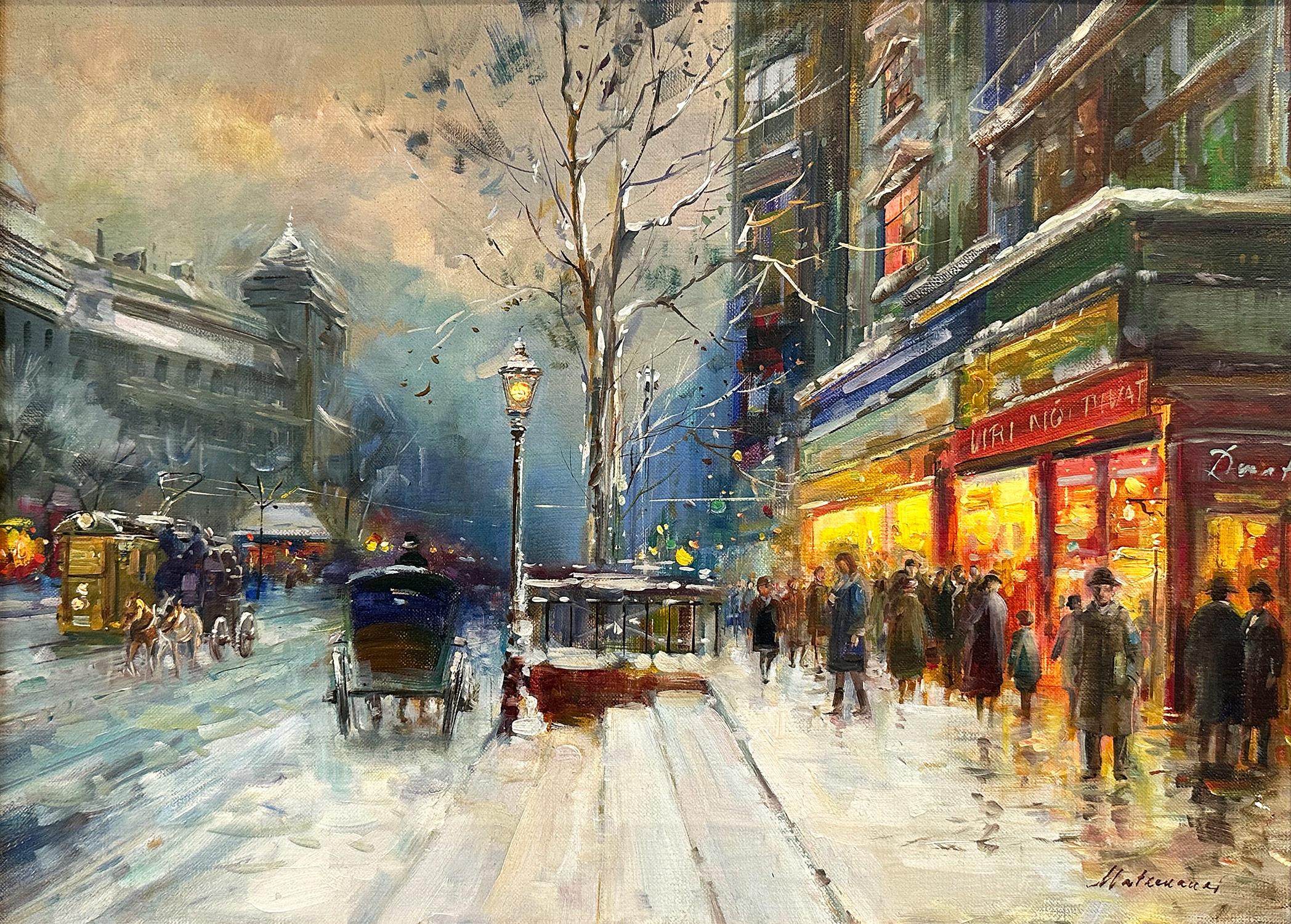 « Budapest in Snow », peinture à l'huile impressionniste hongroise du 20e siècle sur toile - Painting de Hugo Matzenauer