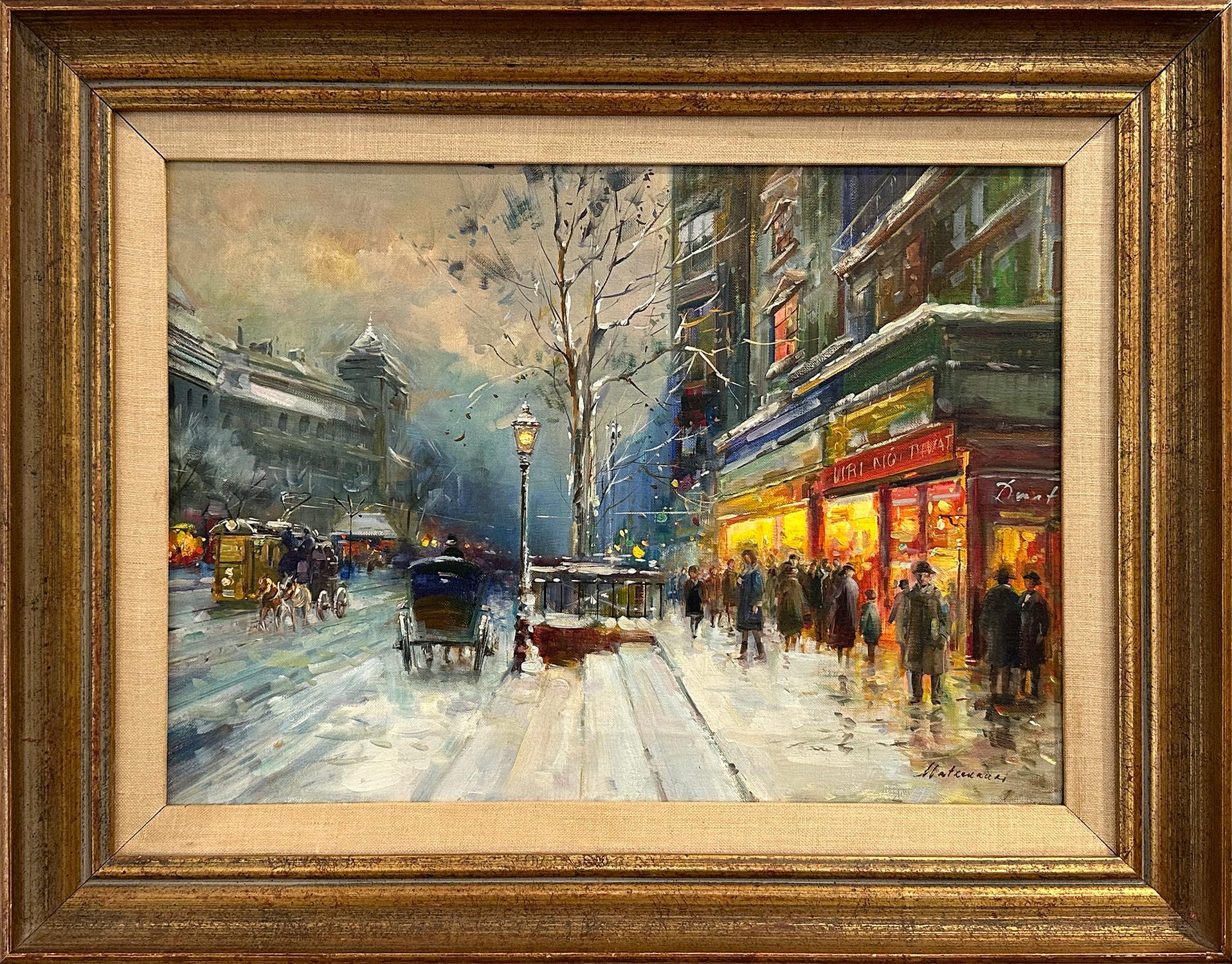 Hugo Matzenauer Figurative Painting - "Budapest in Snow" 20th Century Hungarian Impressionist Oil Painting on Canvas