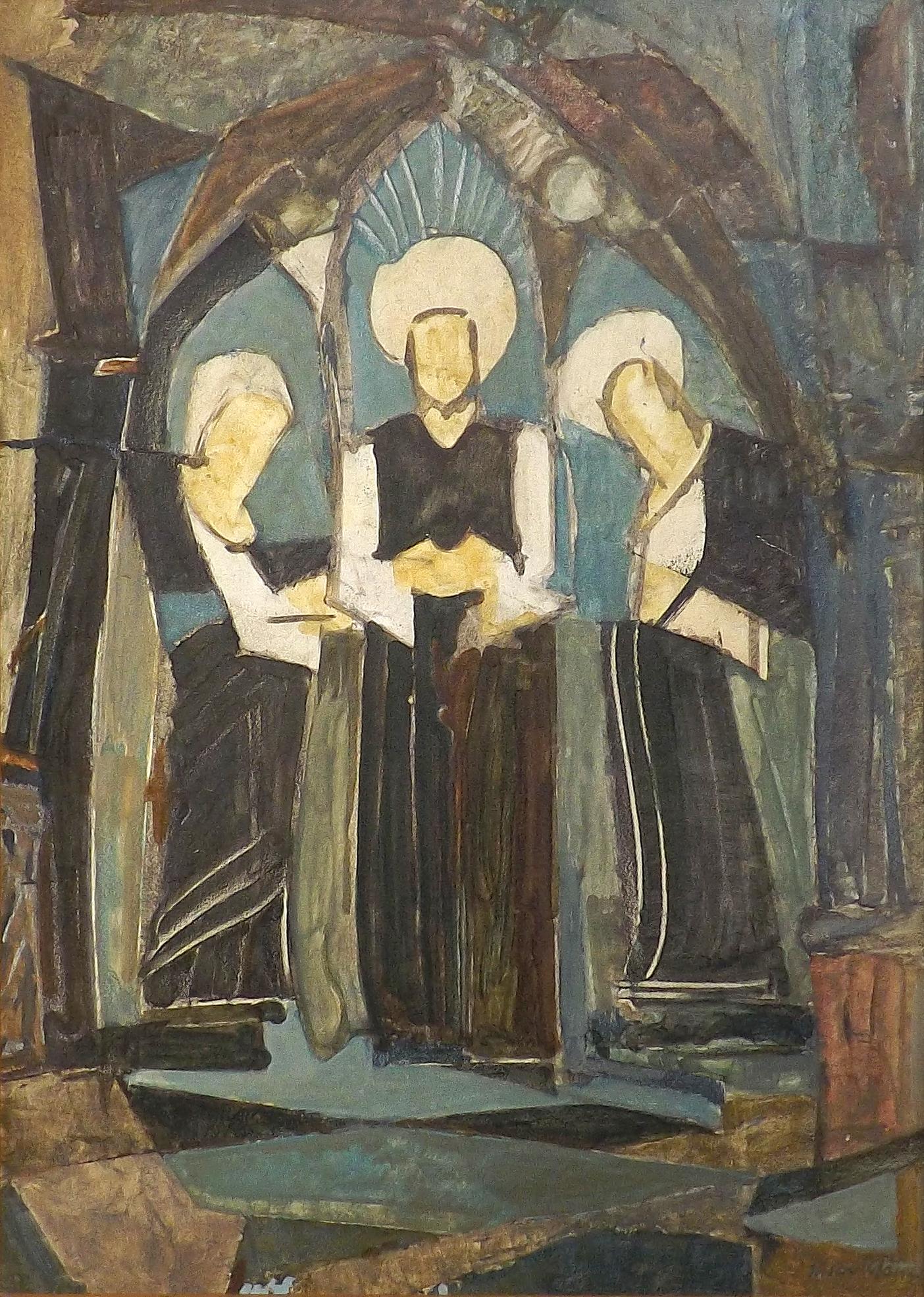 '3 Heilige' ('The Three Holies), a painting of three holy figures dated 1973 by Hugo Mohl. Born in 1893 in Dusseldorf, Germany and graduated from the Academy of Fine Arts in Berlin. Began his professional career as a traditional representational