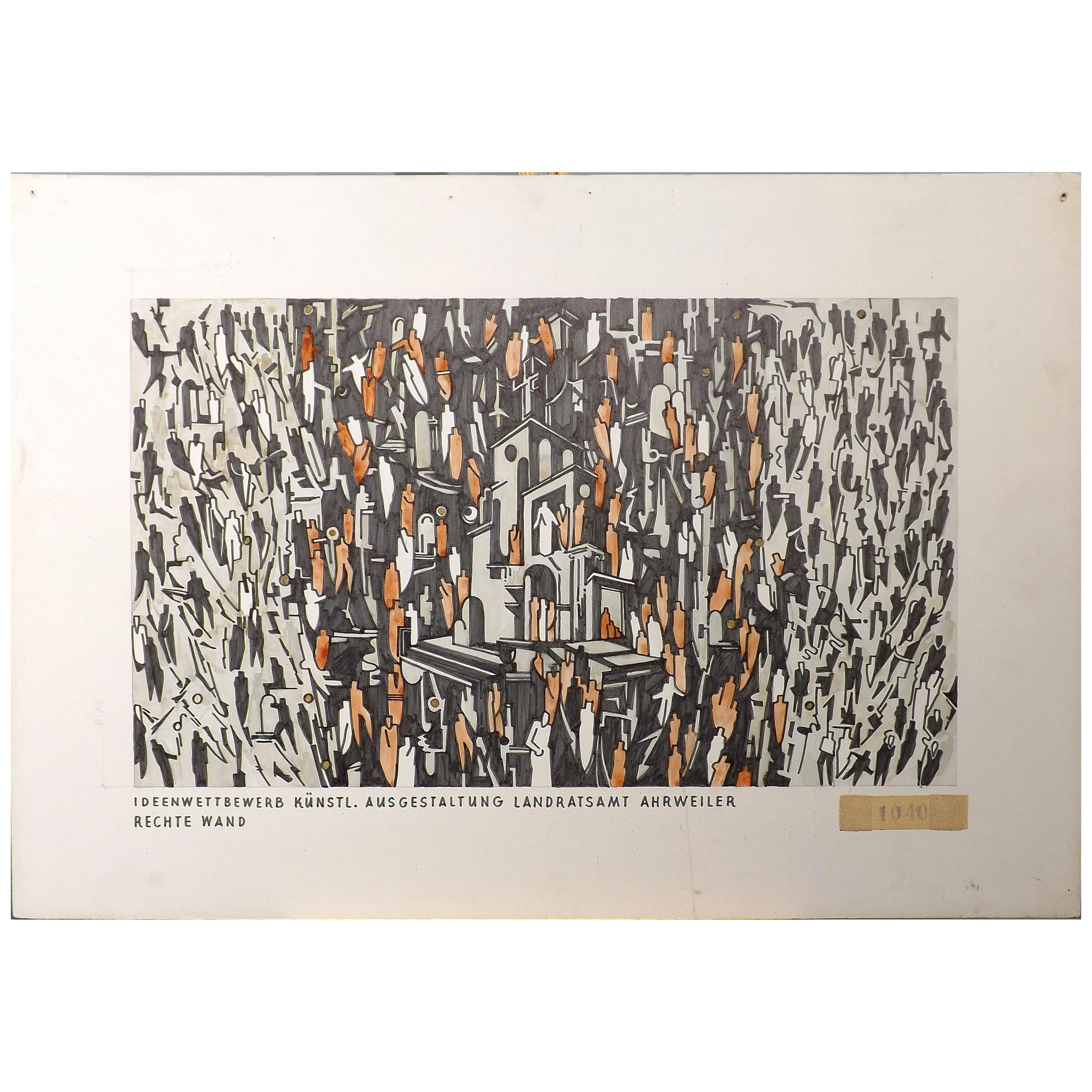 Hugo Mohl Concept for a Mural, Midcentury Abstract Painting, circa 1970 For Sale
