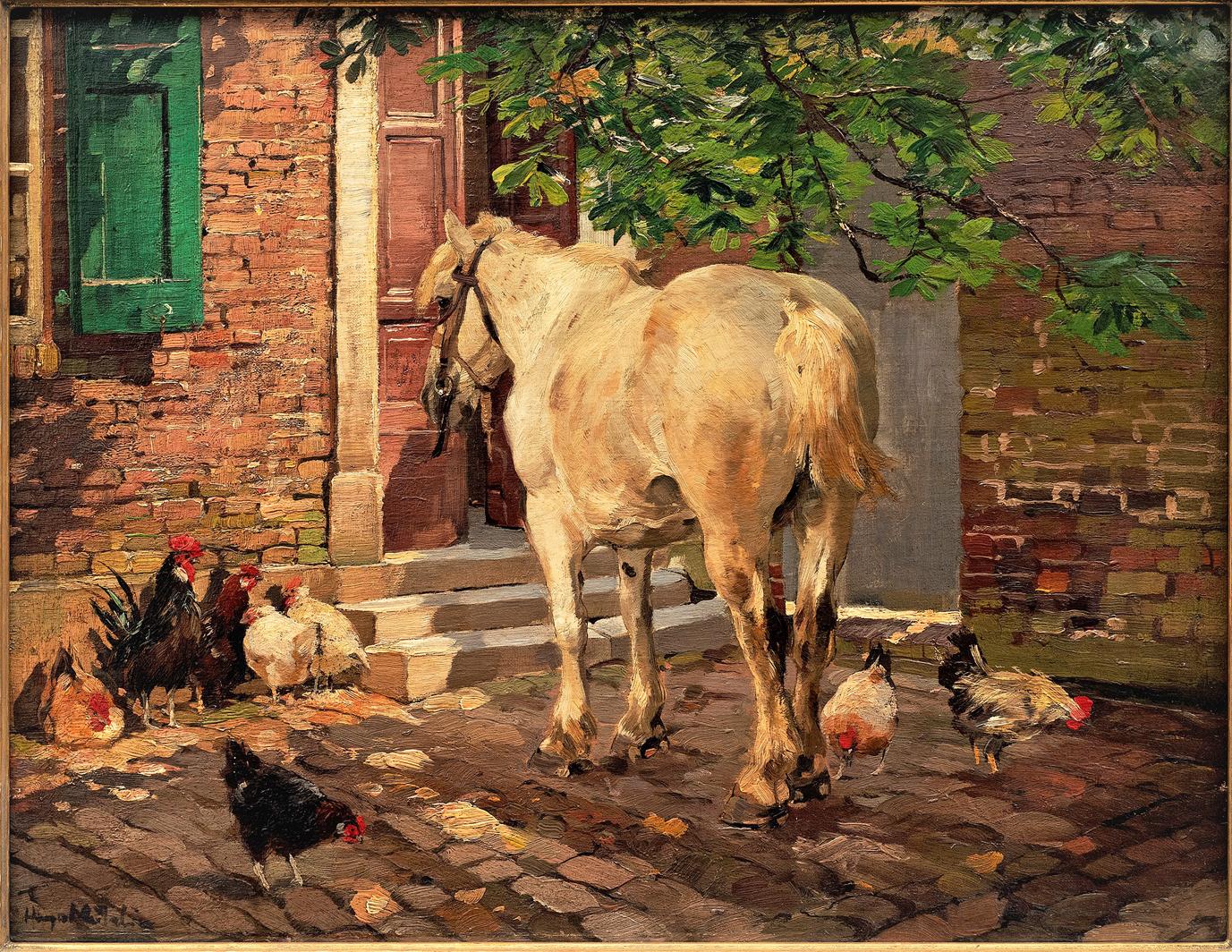Pferde, Hühner und ein Hahn vor einem alten Haus, 19. Jahrhundert. – Painting von Hugo Muhlig