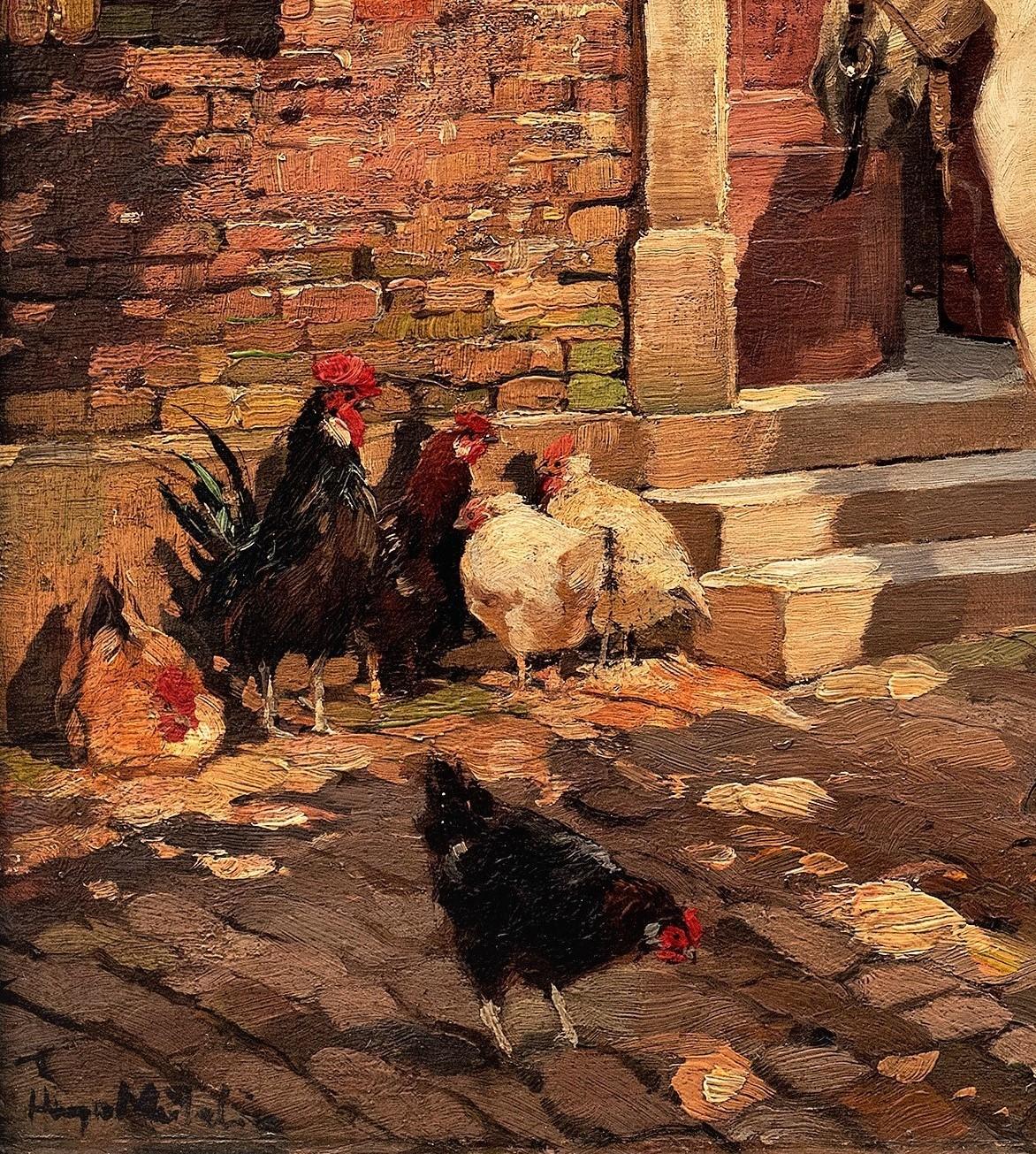Pferde, Hühner und ein Hahn vor einem alten Haus, 19. Jahrhundert. (Realismus), Painting, von Hugo Muhlig