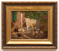 Pferde, Hühner und ein Hahn vor einem alten Haus, 19. Jahrhundert.