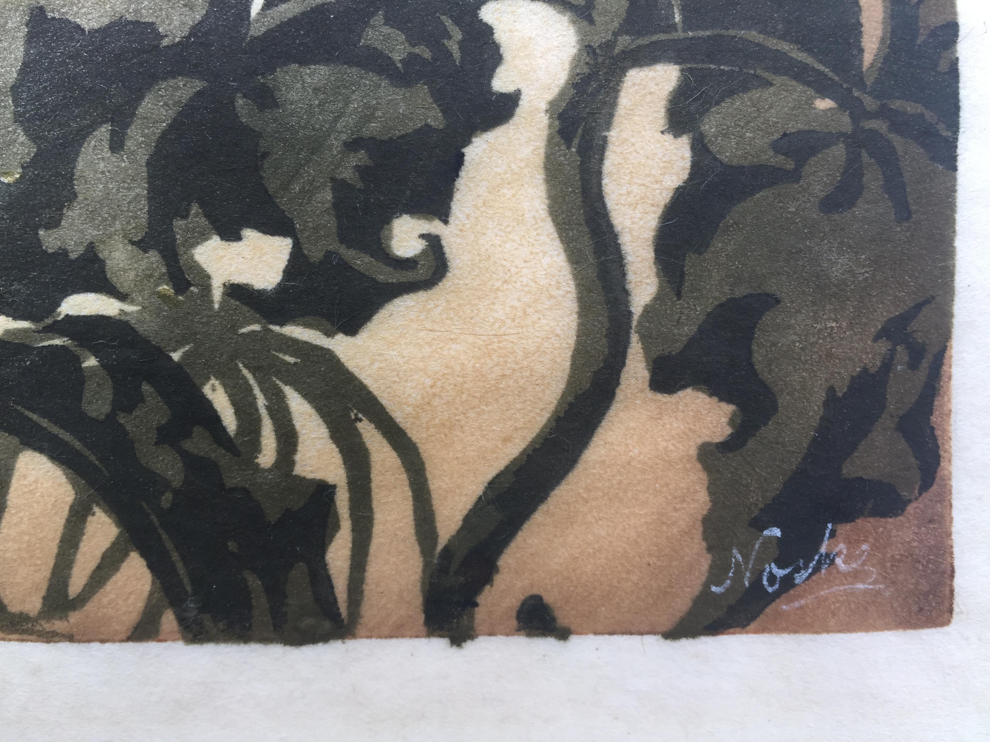 HUGO NOSKE (deutsch 1886-1960)

 (BLUMEN) c. 1920
         Farbholzschnitt 8 ¼ x 6 3/8 Zoll. Schöner reicher Druck:: vollrandig 
         mit Büttenrand. Ganz so leichte Mattlinie.  Noske war hervorragend im Produzieren 
         Farbholzschnitte