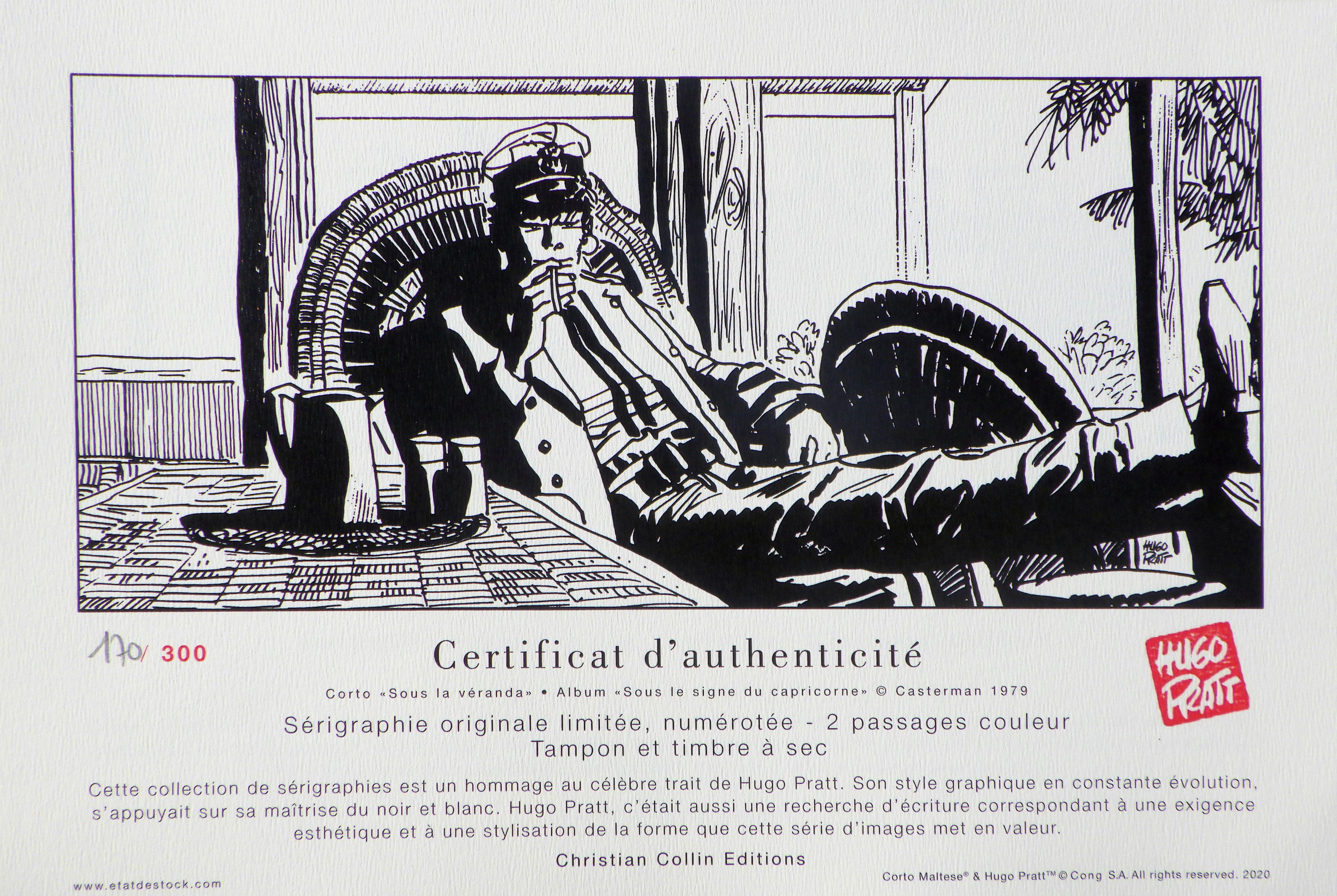 Hugo PRATT (1927-1995) 
🎨 Corto Maltese - TROPICS

🖨 Original print from an original drawing of Hugo Pratt
🖋 Signed in the plate + embossed seal + official stamp on back
📏 On Innova fine art paper 210 gsm – 50 × 100 cm
🧾 Limited edition (2020)