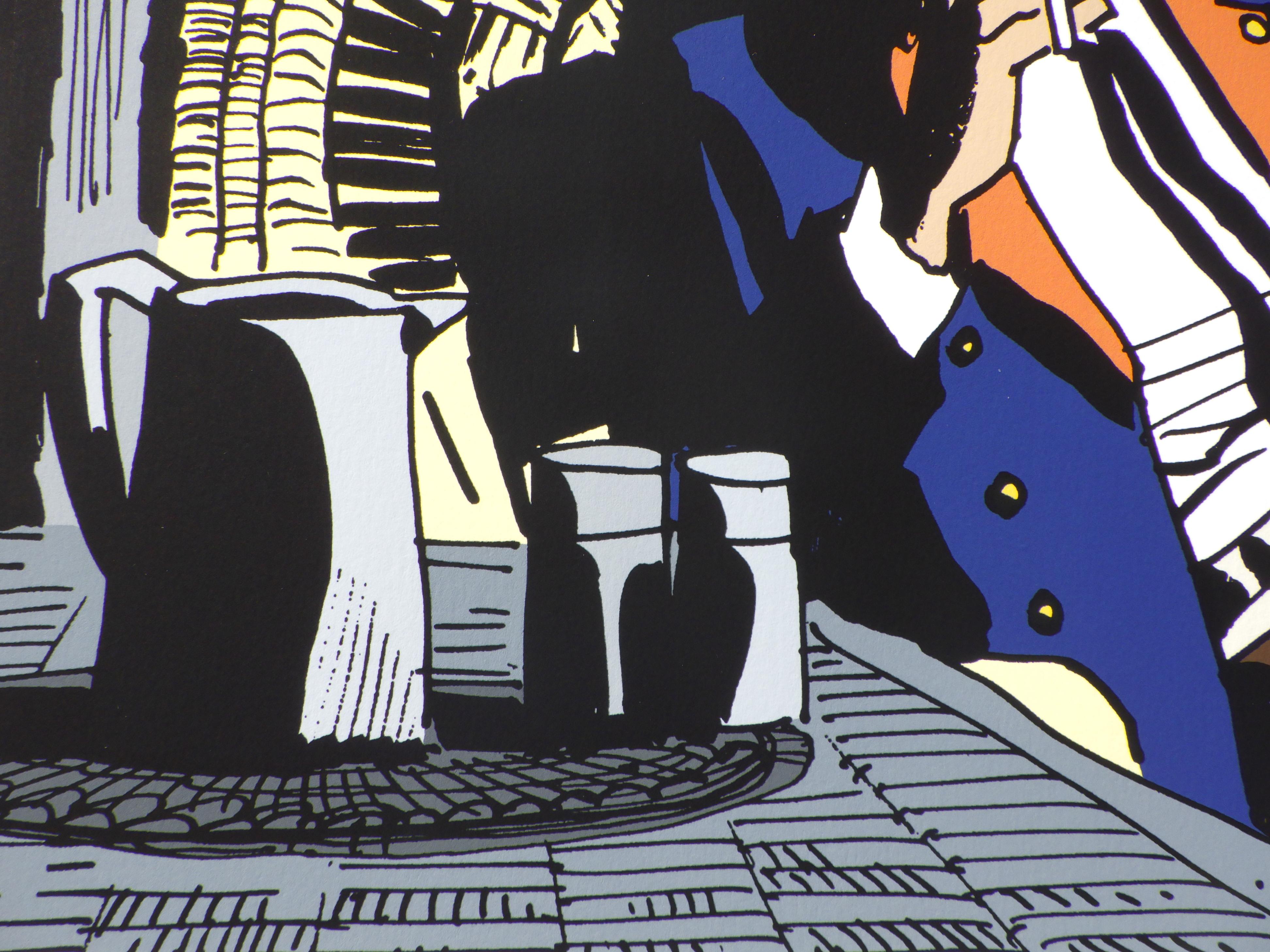 Hugo PRATT (1927-1995) 
🎨 Corto Maltese - Tropics

🖨 Original print from an original drawing of Hugo Pratt
🖋 Signed in the plate + embossed seal + official stamp on back
📏 On Innova fine art paper 210 gsm – 35 × 60 cm
🧾 Limited edition (2020)