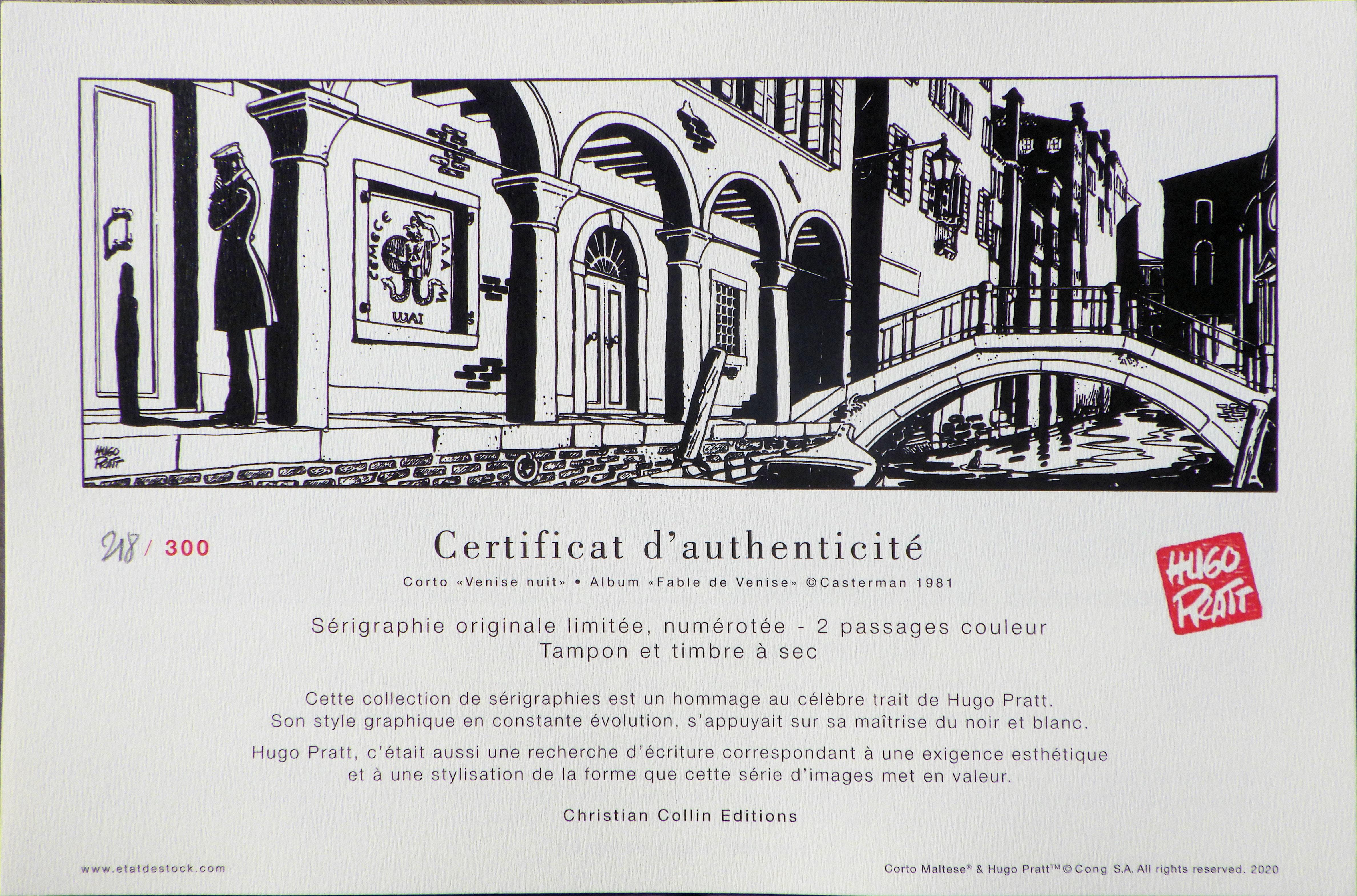 Hugo PRATT (1927-1995) 
🎨 Corto Maltese - Venice by Night

🖨 Original print from an original drawing of Hugo Pratt
🖋 Signed in the plate + embossed seal + official stamp on back
📏 On Innova fine art paper 210 gsm – 100 × 40 cm
🧾 Limited edition