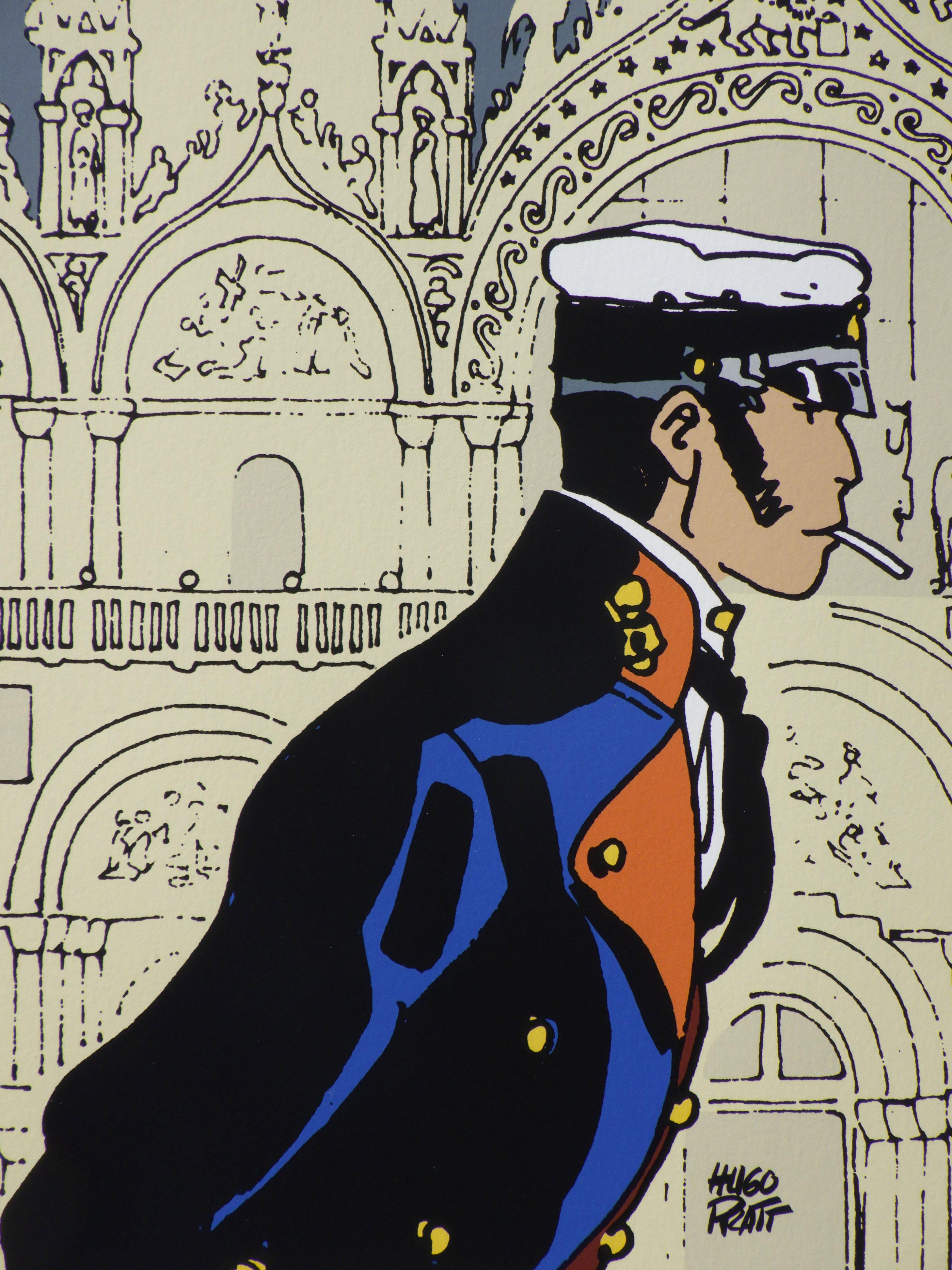 Hugo PRATT (1927-1995) 
🎨 Corto Maltese - Venice St Marc's Square

🖨 Original print from an original drawing of Hugo Pratt
🖋 Signed in the plate + embossed seal + official stamp on back
📏 On Innova fine art paper 210 gsm – 35 × 60 cm
🧾 Limited