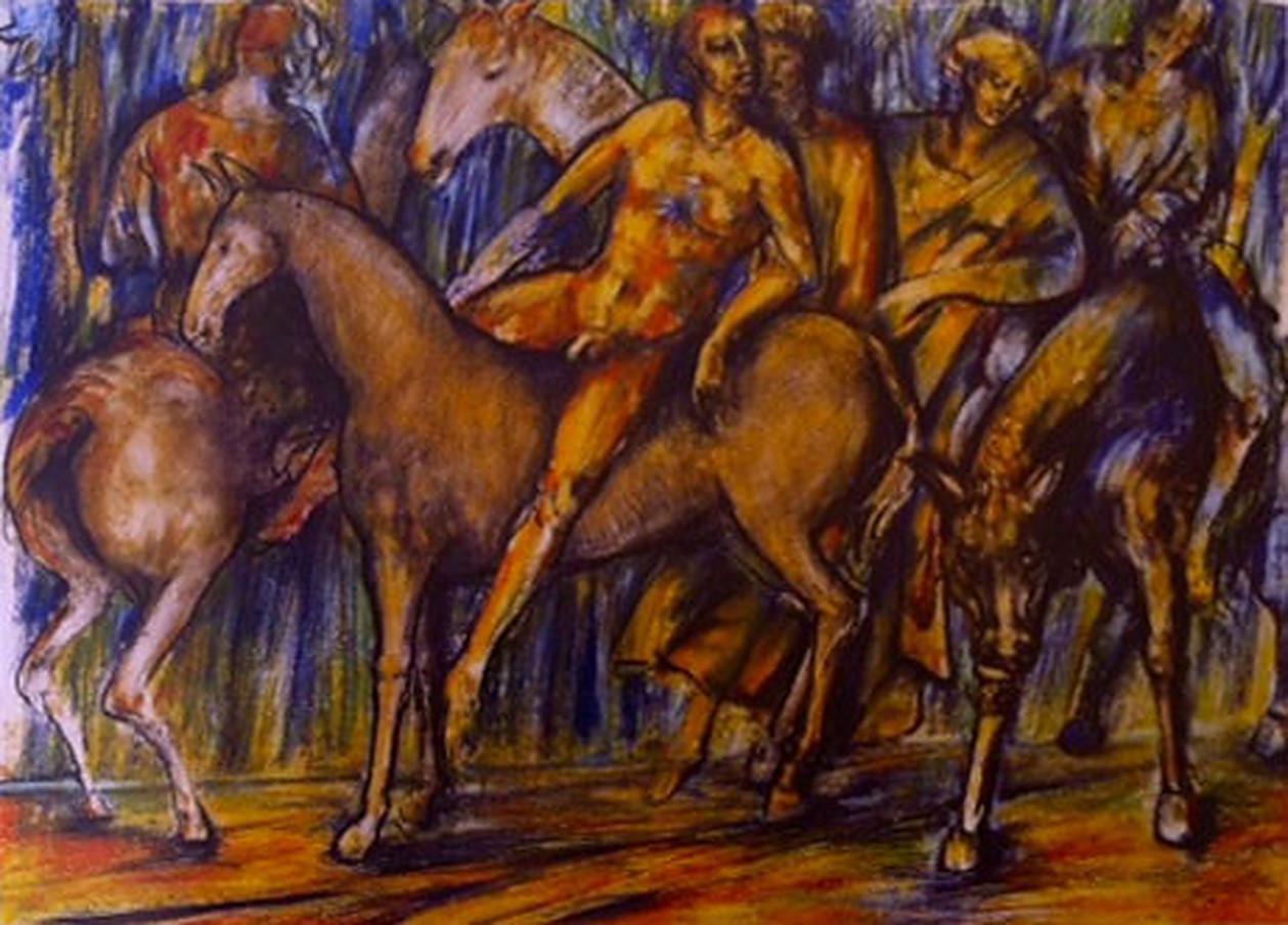 Chevaux et Cavaliers dans la forêt de Fontainebleau - Painting by Hugo Rivas