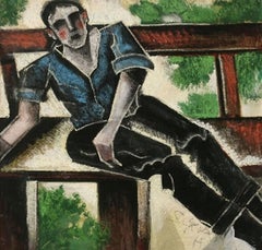 Man on a Bench, futuriste hongrois, expressionniste, portrait figuratif moderne